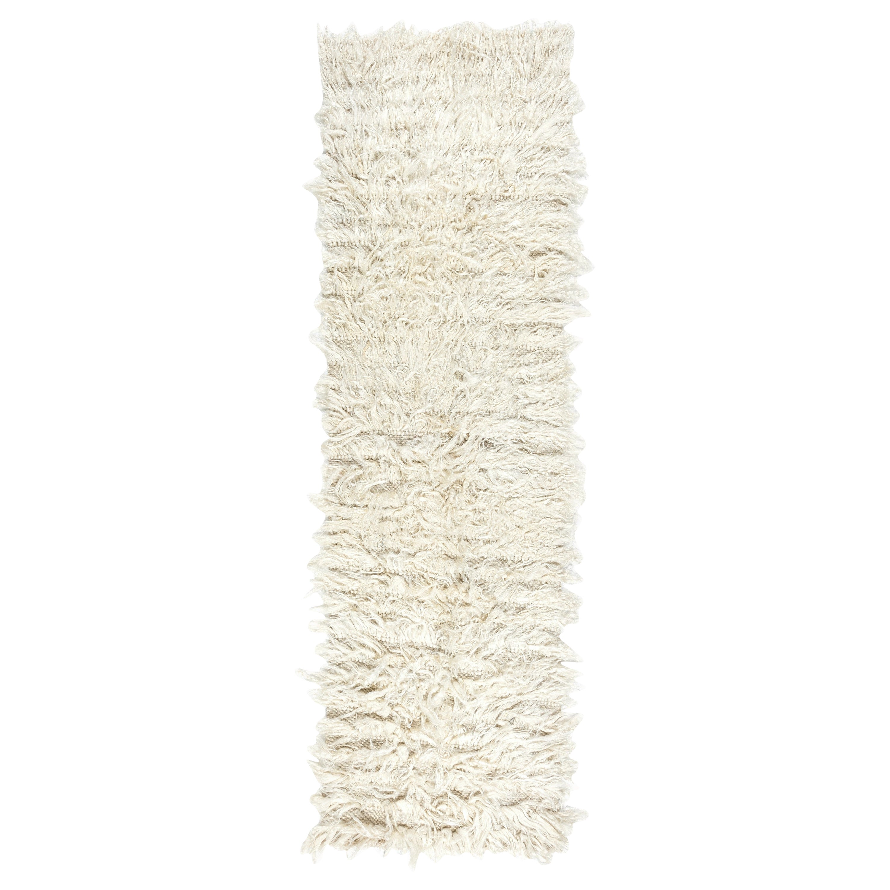 Tapis de couloir Tulu anatolien minimaliste en laine mohair naturelle 2x6,8 m