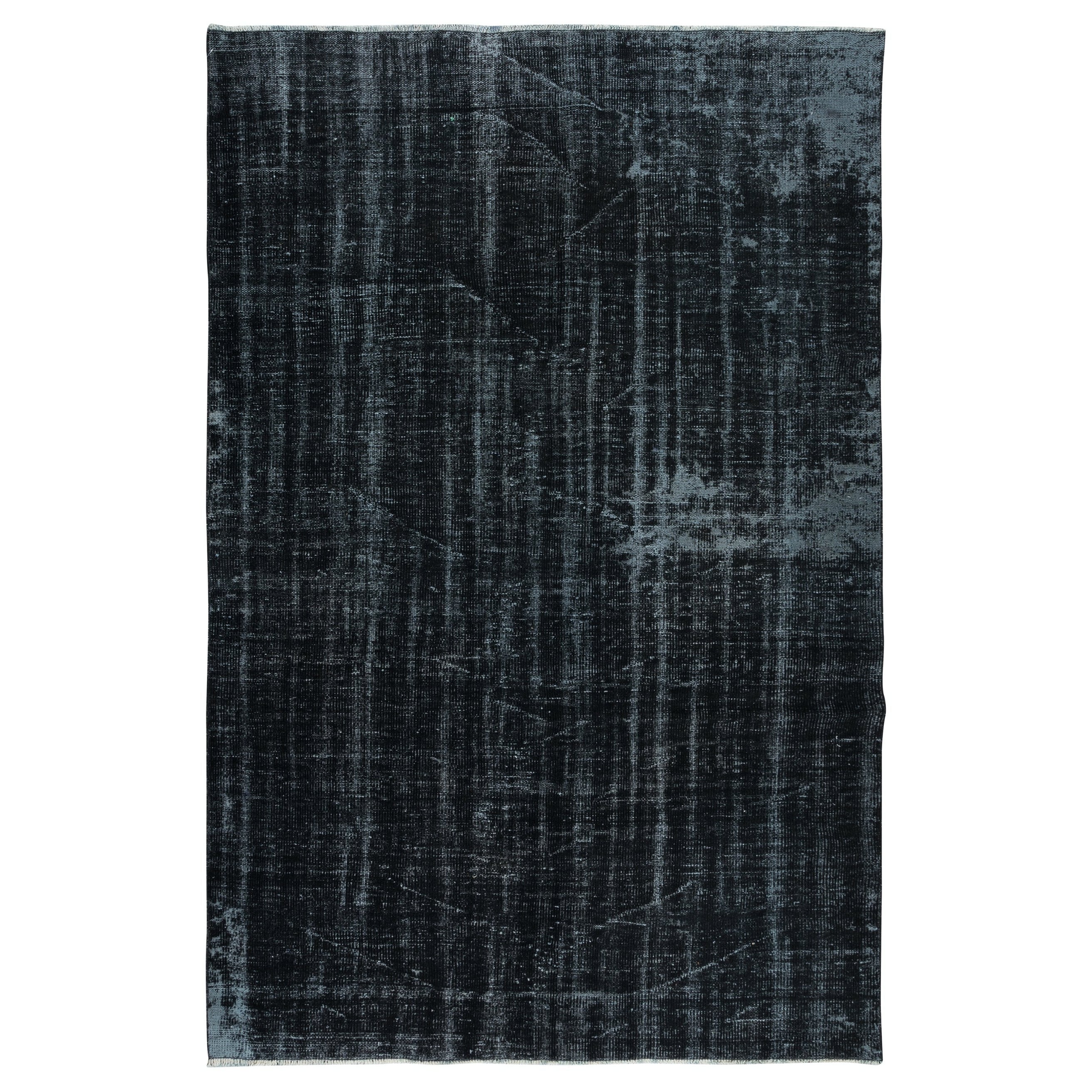 6x9 Ft Abstract Distressed Black Modern Wool Area Rug, Hand-Knotted in Turkey For Sale