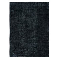 Vintage 6.4x9 Ft Plain Black Area Rug, Handknotted and Handwoven in Isparta, Turkey