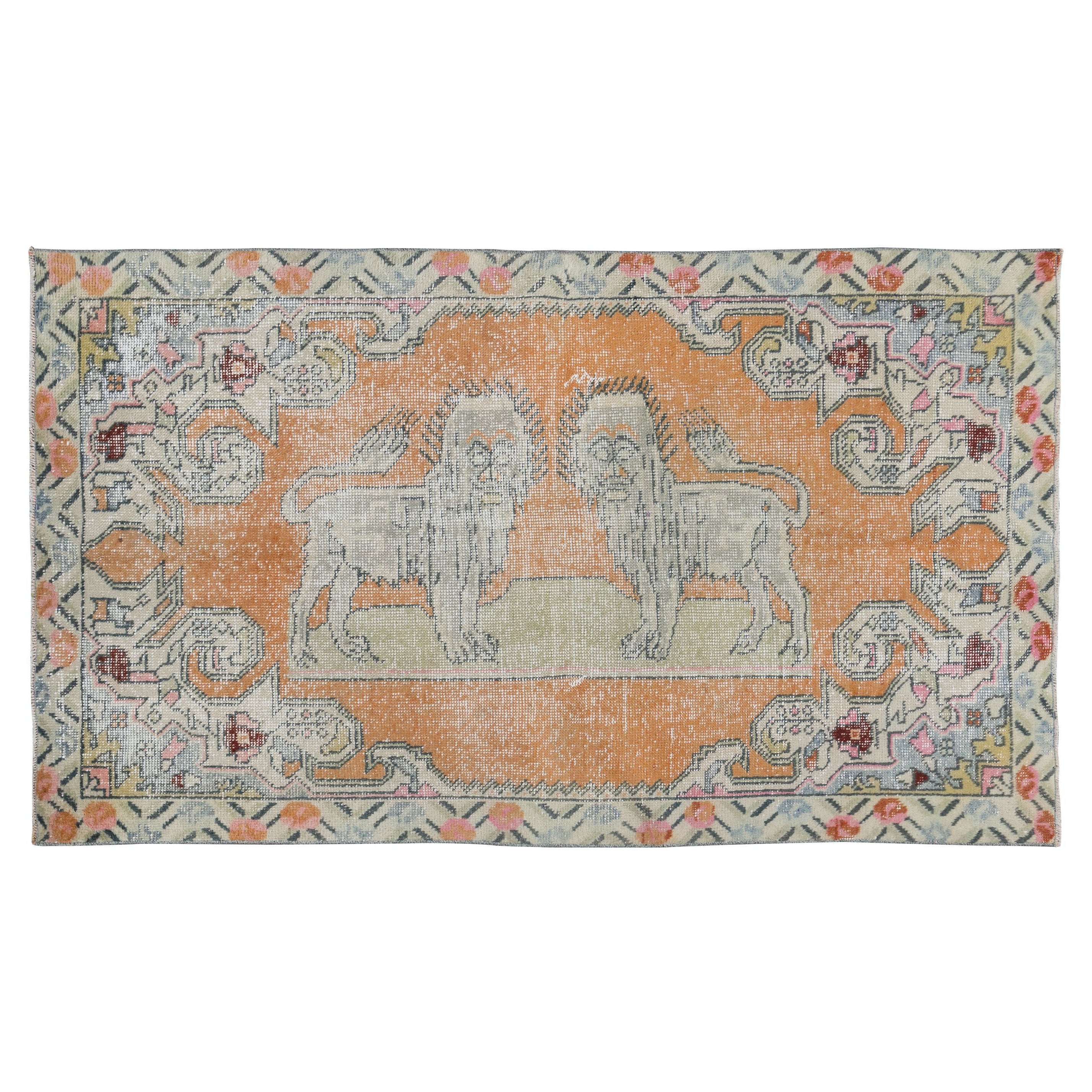 Handgefertigter orangefarbener Löwen-Teppich mit malerischem Muster und Wandbehang 4.3x7.3 Ft Vintage