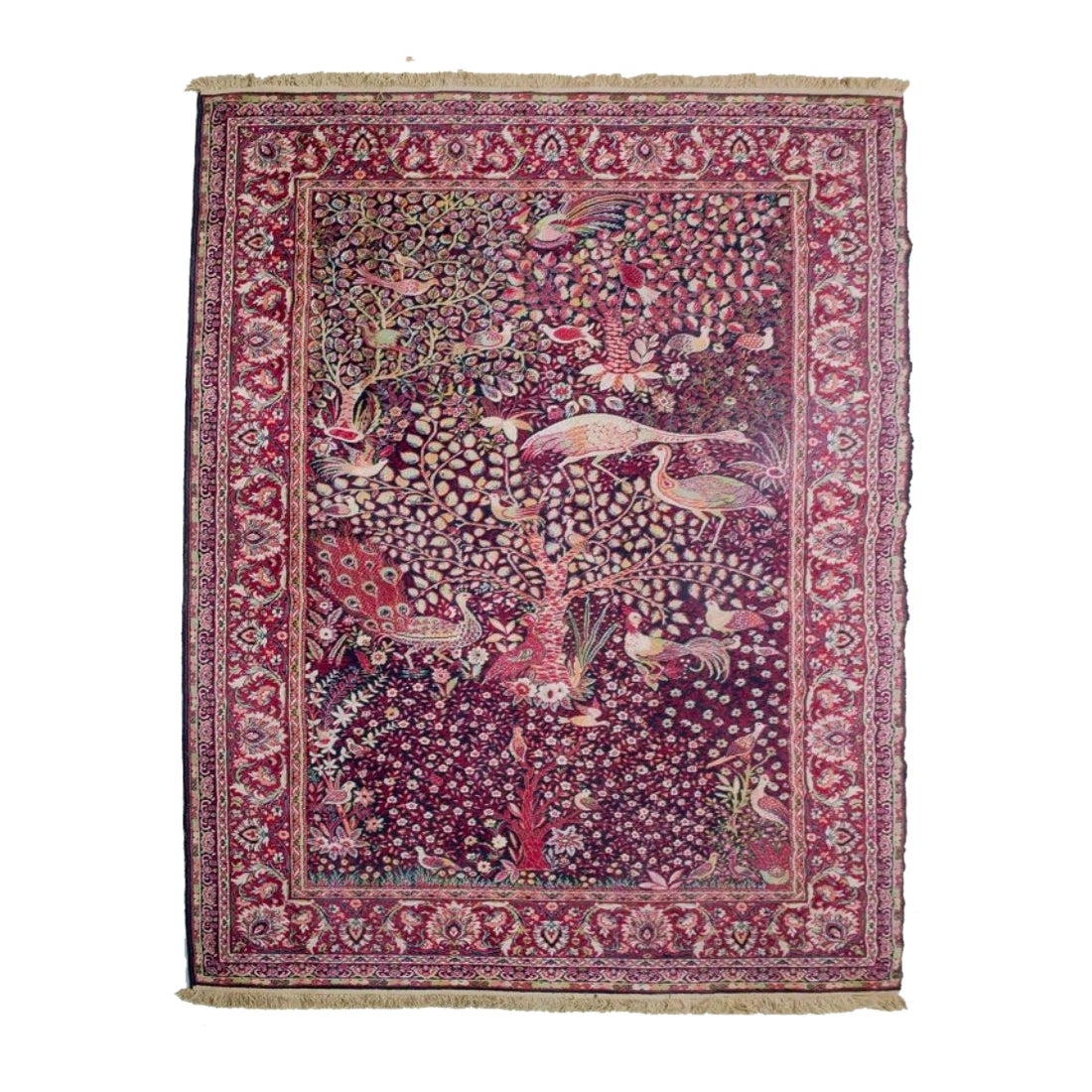 Großer französischer Teppich aus handgewebter Wolle. Motiv exotische Vögel in Bäumen. im Angebot