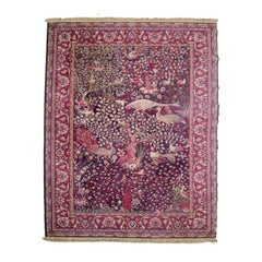 Vintage Large French carpet in handwoven wool. Motif of exotic birds in trees.