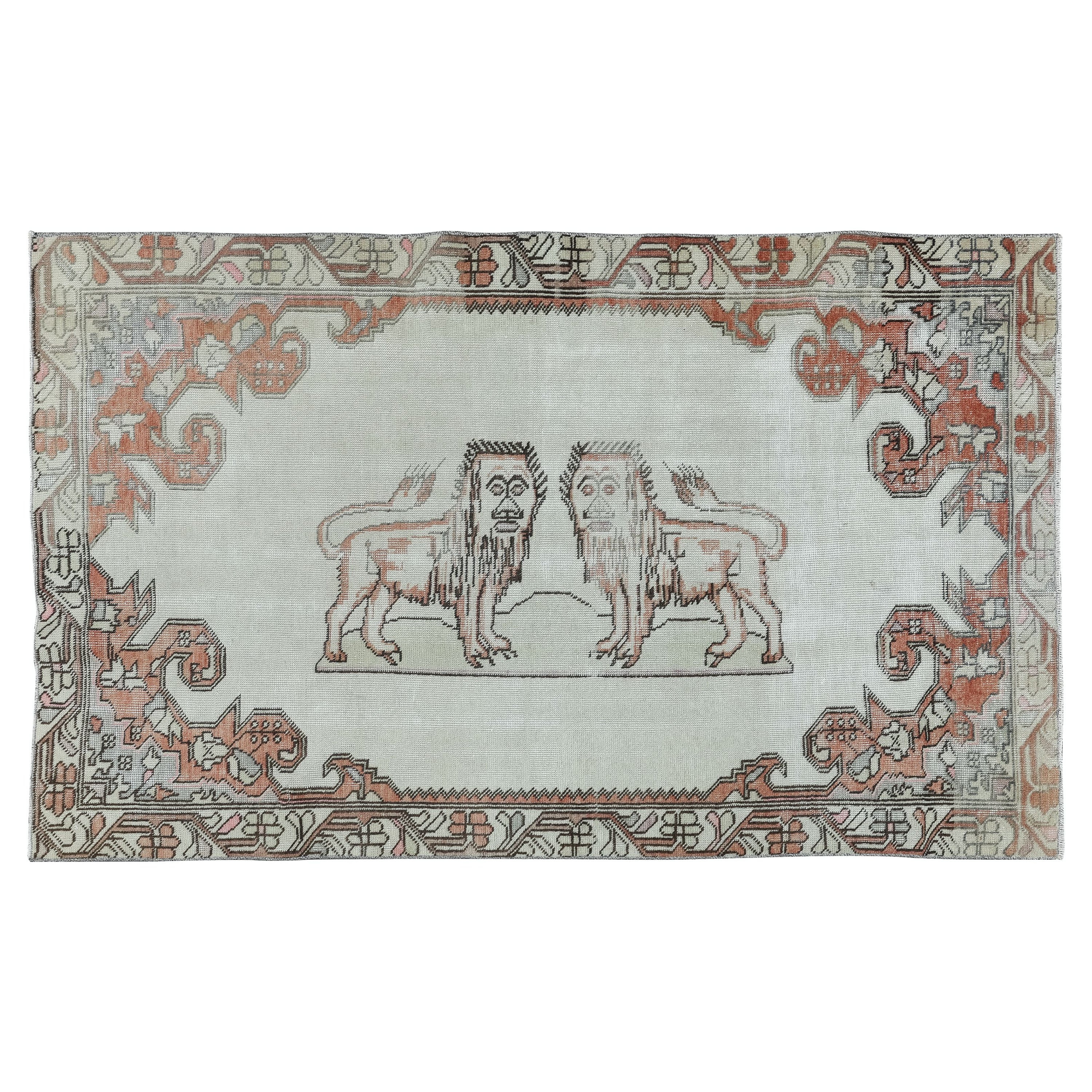 Türkischer 4.4x7.3 Ft Vintage-Teppich mit malerischem Löwenmuster, handgeknüpft, Wandbehang im Angebot