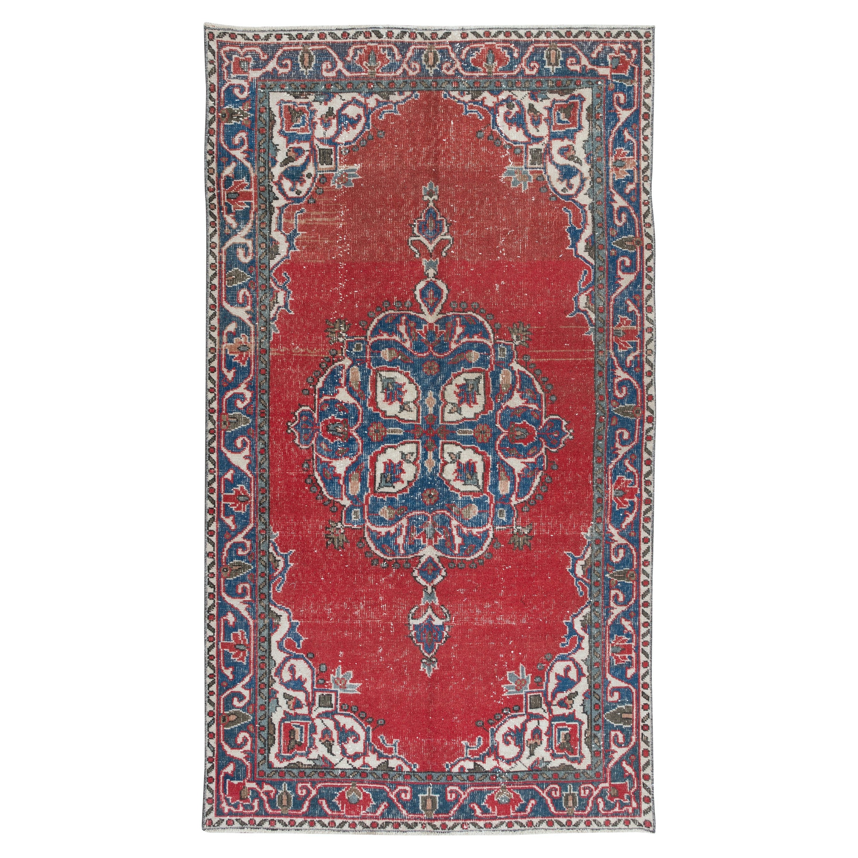 4x7 Ft Traditioneller handgefertigter orientalischer Vintage-Teppich in Rot, Marineblau & Beige im Angebot