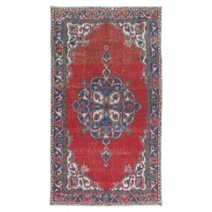 4x7 Ft Traditional Retro Handmade Oriental Rug in Red, Navy Blue & Beige