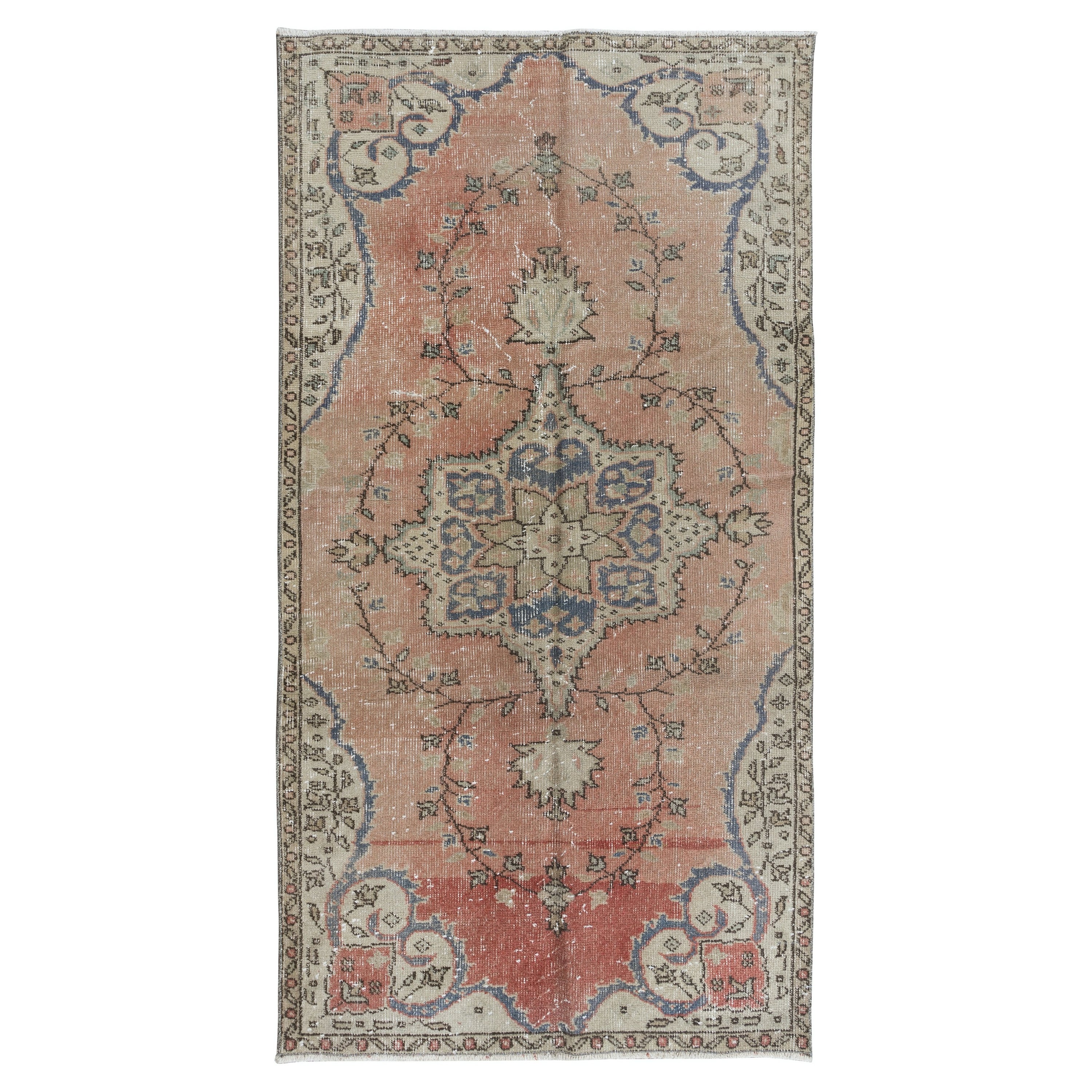 3.5x6,4 Ft Handgeknüpfter türkischer Vintage-Teppich in weichem Rot, Beige & Marineblau