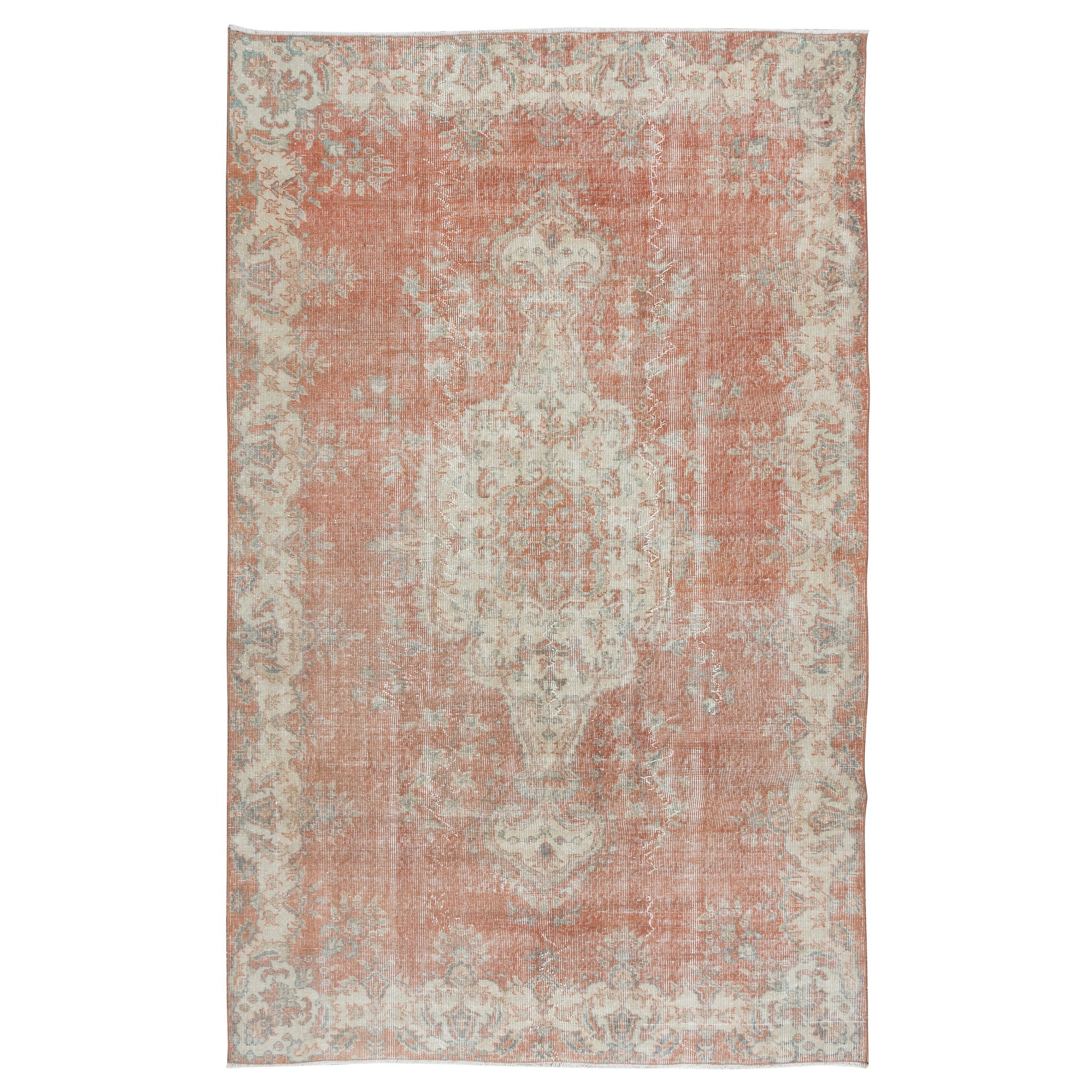 5.6x8.8 Ft Hand Knotted Turkish Area Rug in Beige & Red with Medallion Design For Sale