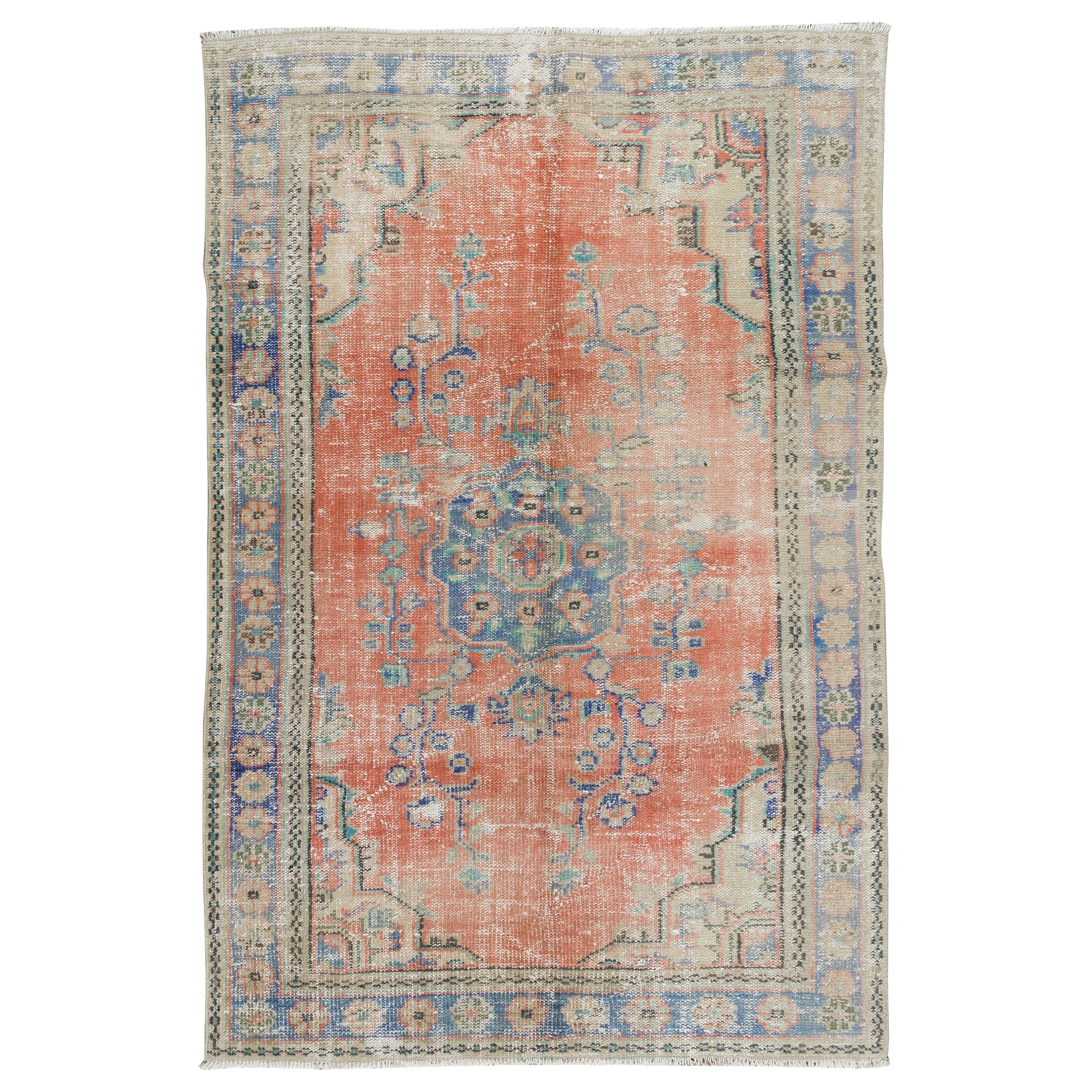 Handgeknüpfter türkischer Vintage-Teppich in Weichrot, Dunkelblau & Beige, 5,5x9 Ft