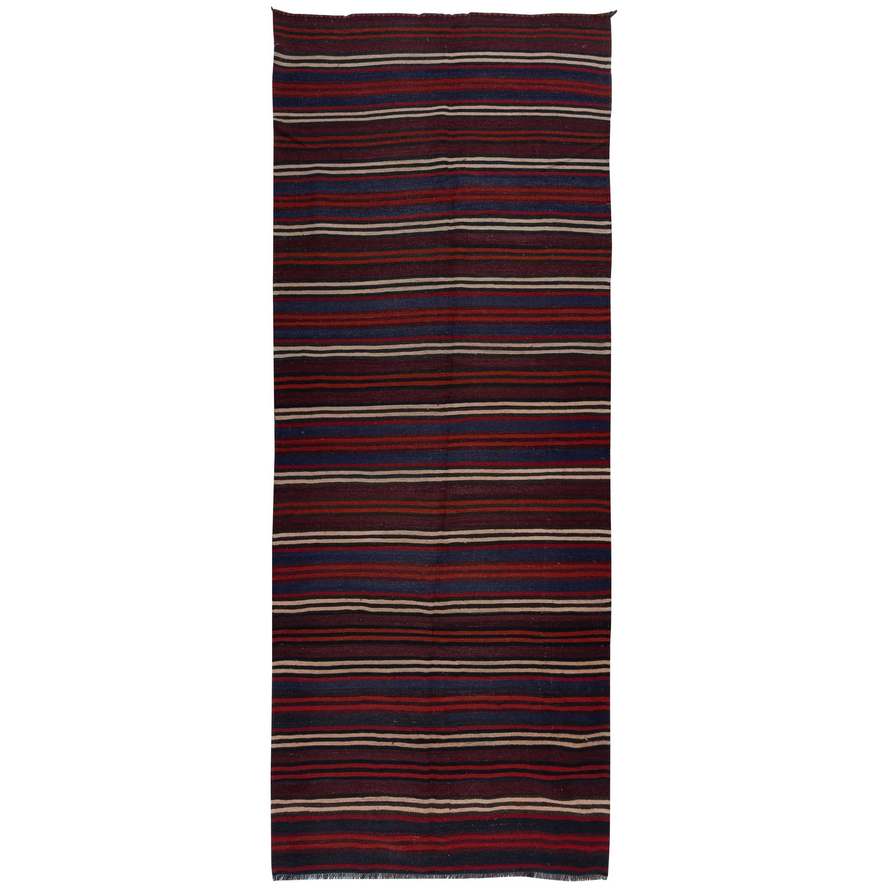 4.2x10.5 Ft Vintage Hand-Woven Turkish Striped Kilim, Flat-Weave Rug, 100% Wool For Sale