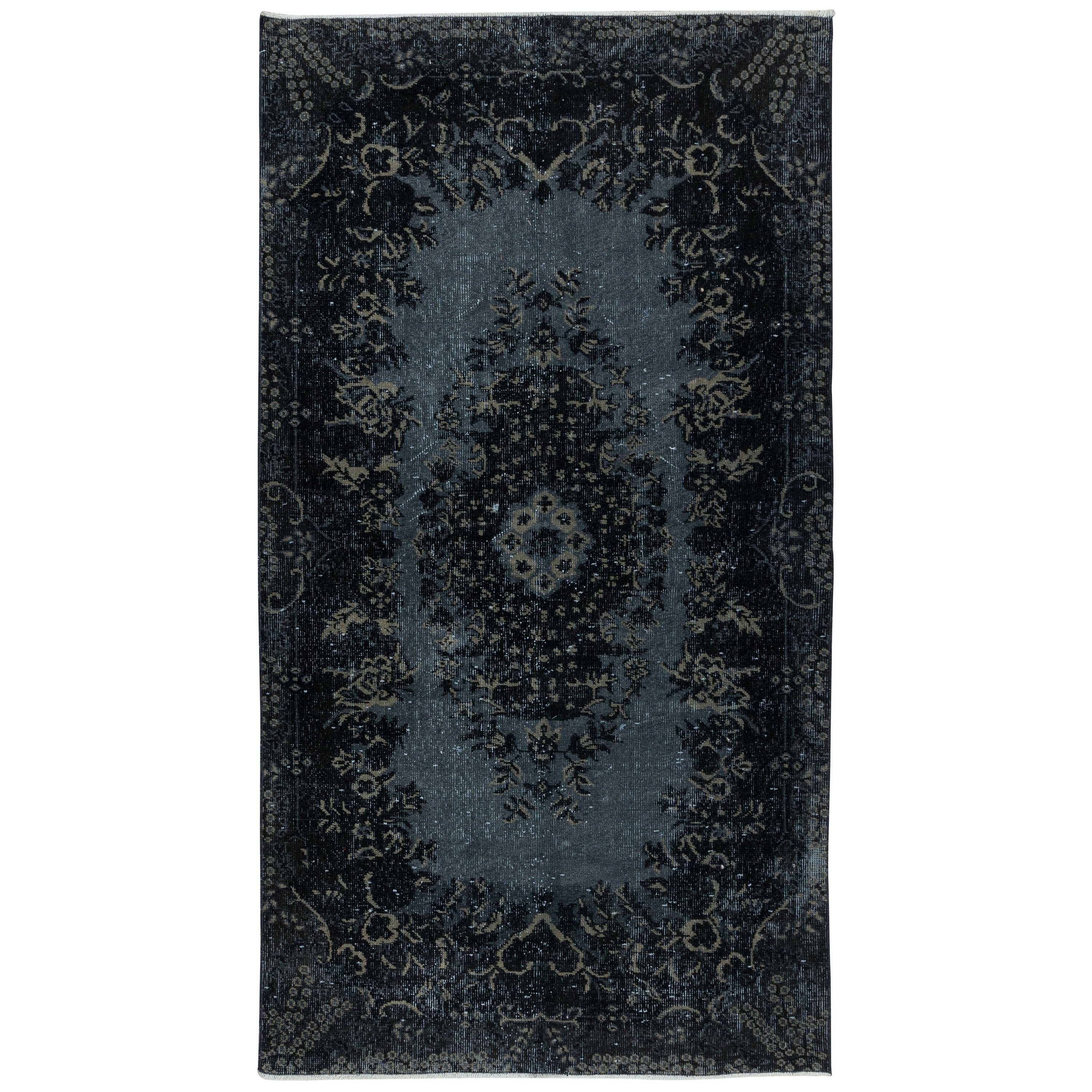 4x7 Ft Modern Handmade Turkish Accent Rug in Black, Gray & Beige with Medallion For Sale