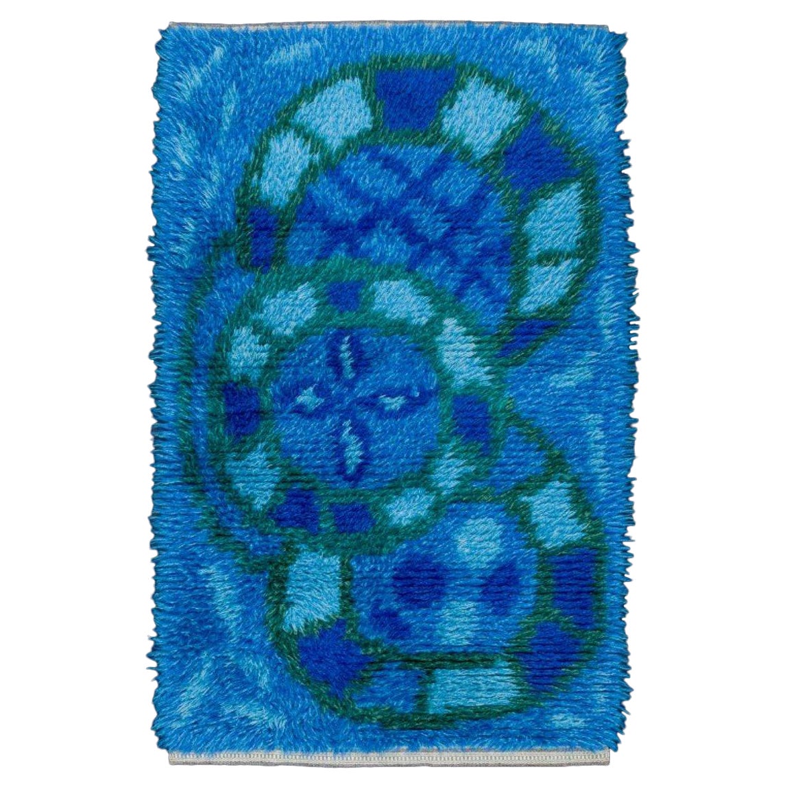 Schwedischer Designer, handgewebter Rya-Teppich mit geometrischem Muster. im Angebot