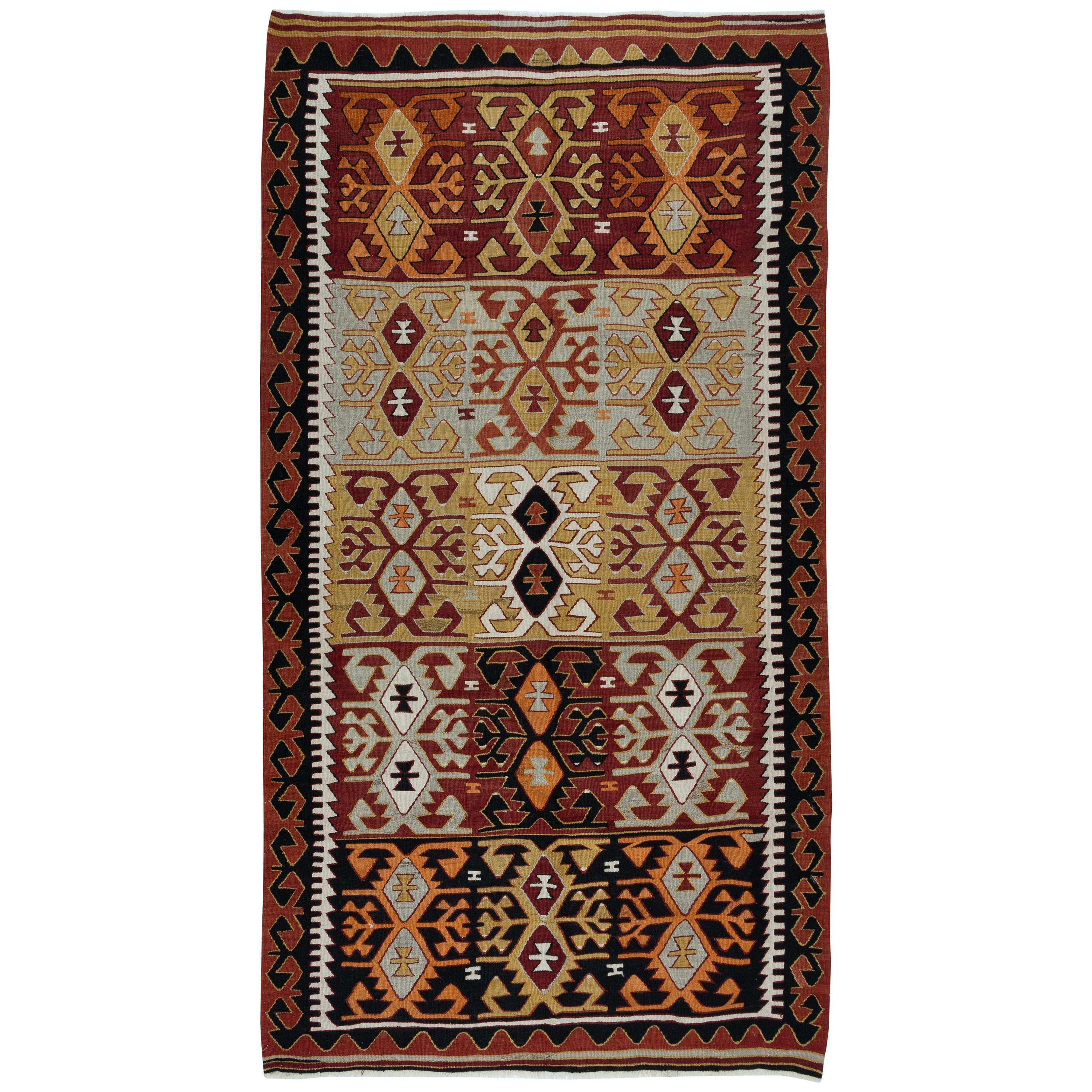 5.5x10 Ft Vintage Flat-Weave Kilim, Geometric Hand-Woven Rug, Colorful Carpet For Sale