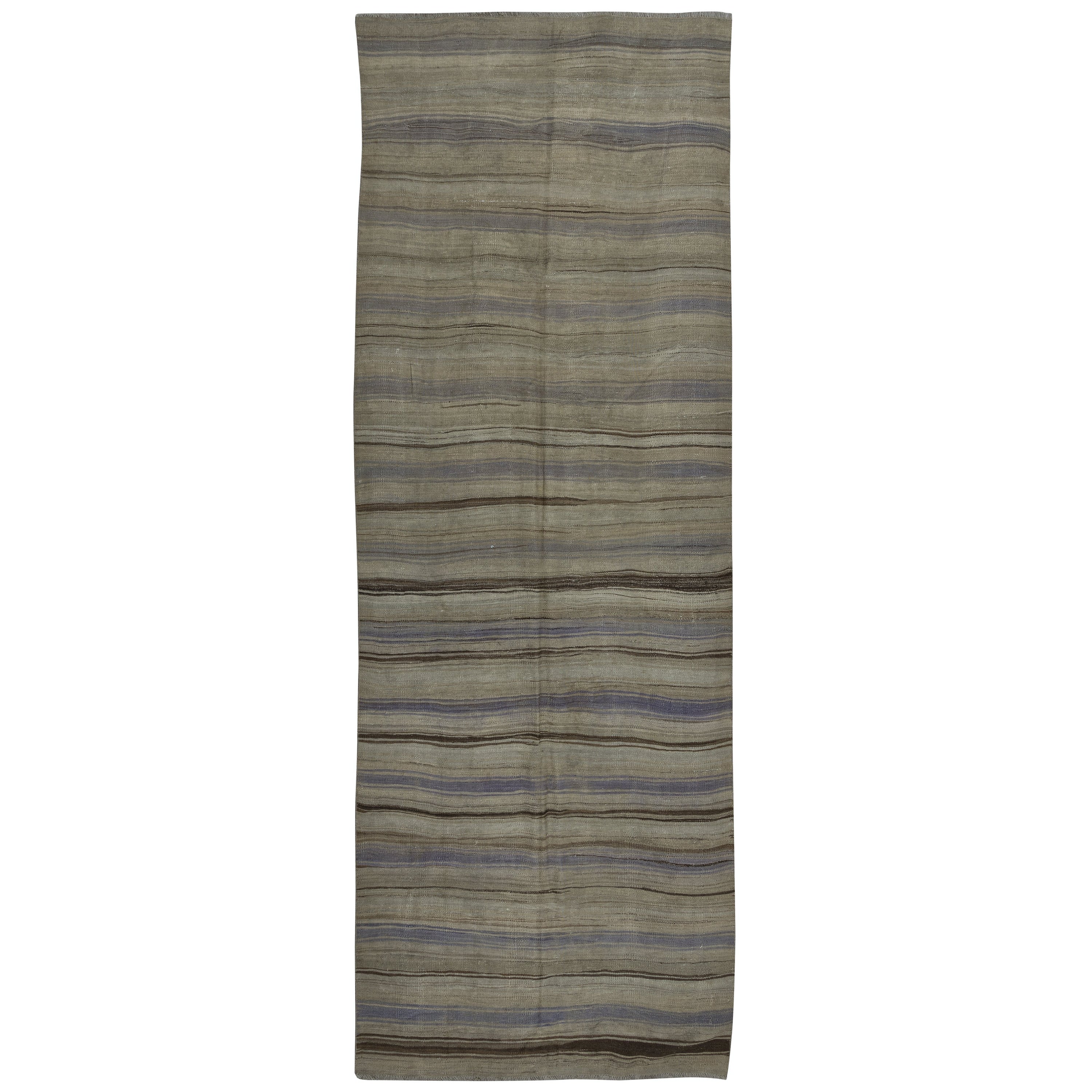 4.4x12.2 Ft Flat-Weave Turkish Runner Kilim, Vintage Striped Wool Corridor Rug For Sale