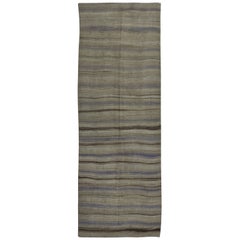 4.4x12.2 Ft Flat-Weave Turkish Runner Kilim, Vintage Striped Wool Corridor Rug