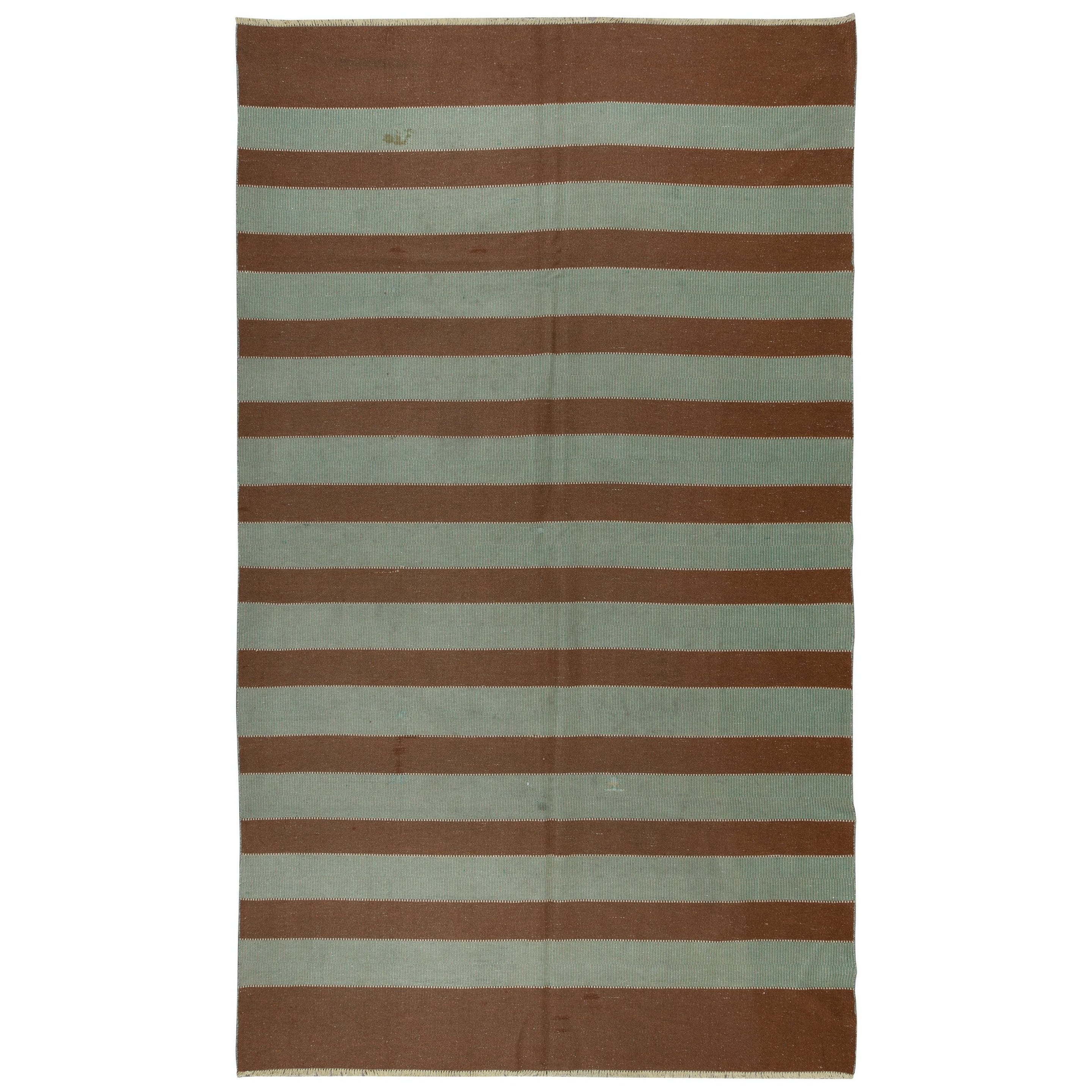 6x10 Ft Flat-Weave Vintage Kilim in Brown & Green, HandWoven Striped Turkish Rug For Sale