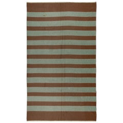 6x10 Ft Flat-Weave Retro Kilim in Brown & Green, HandWoven Striped Turkish Rug