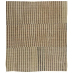 4.2x4.6 Ft Flat-Weave Antique Anatolian Kilim, Hand-Woven Striped Rug, 100% Wool
