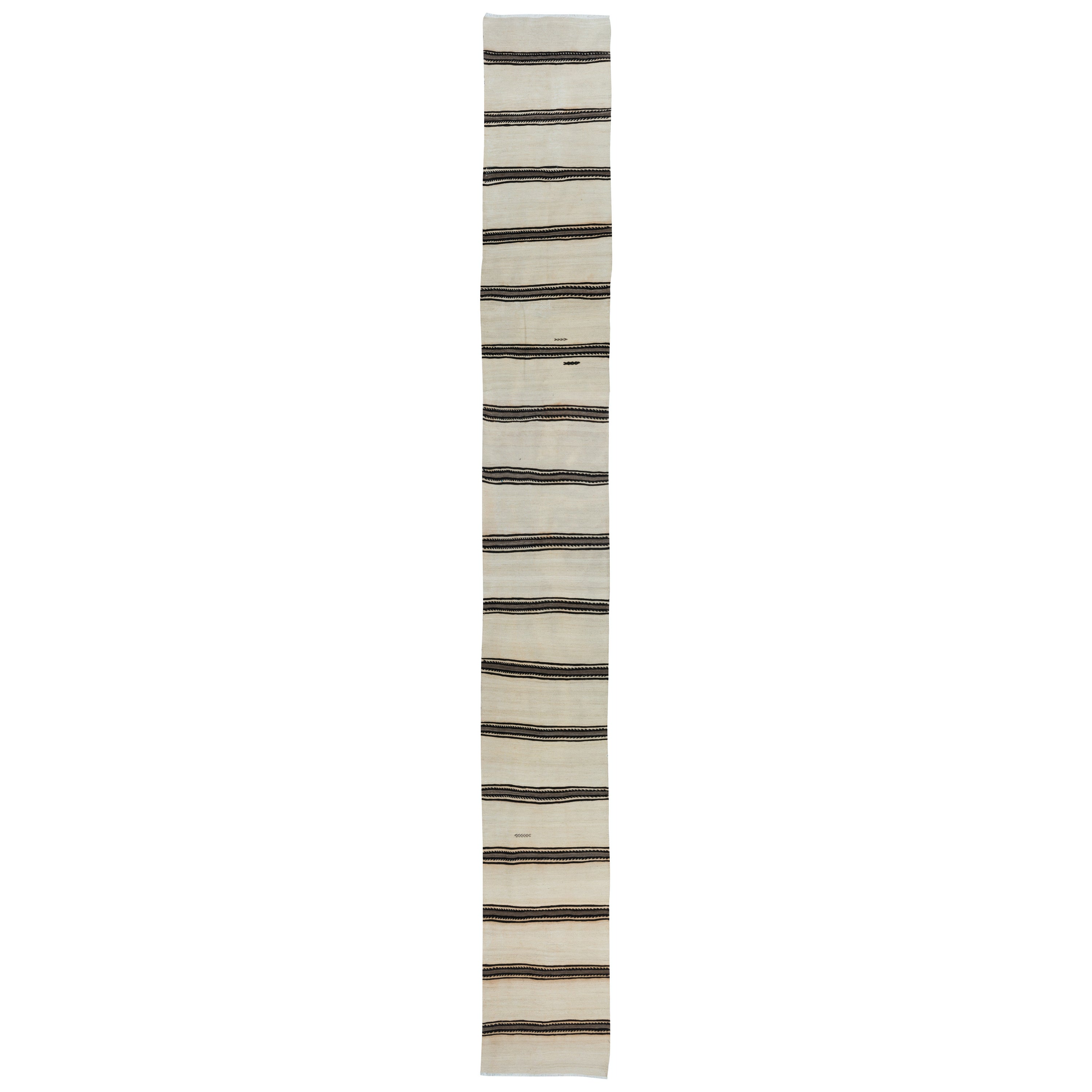 2.2x17.6 Ft Handmade Cream Narrow & Long Runner Kilim with Black & Gray Stripes For Sale