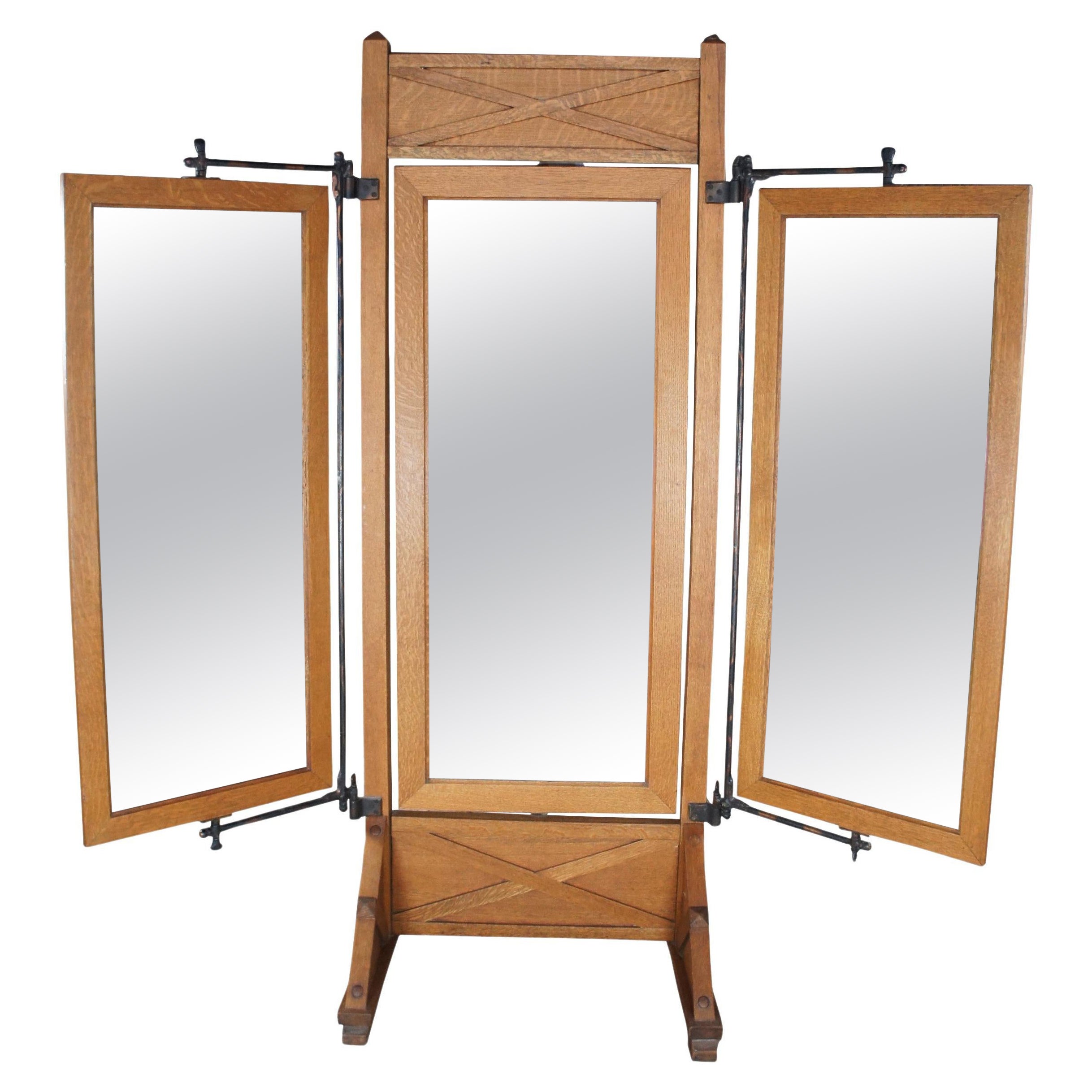 Antique Mission Oak & Iron Trifold Cheval Tailors Haberdashers Dressing Mirror 8 For Sale