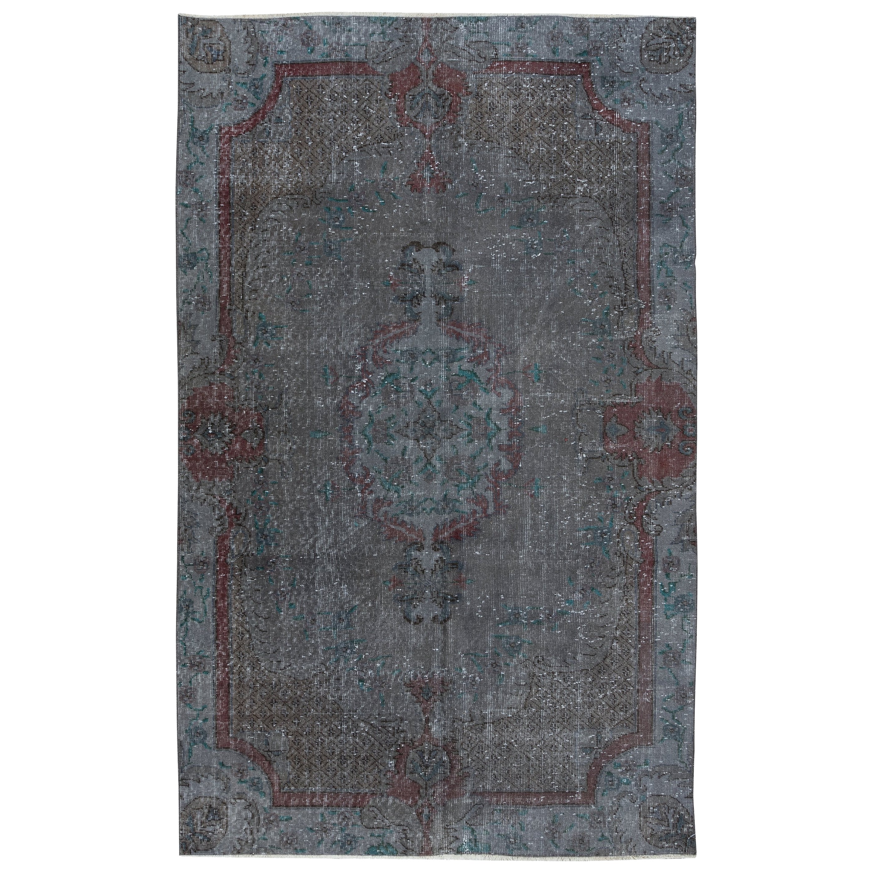 5.3x8.3 Ft Modern Handmade Turkish Low Pile Area Rug in Gray, Maroon Red & Green For Sale