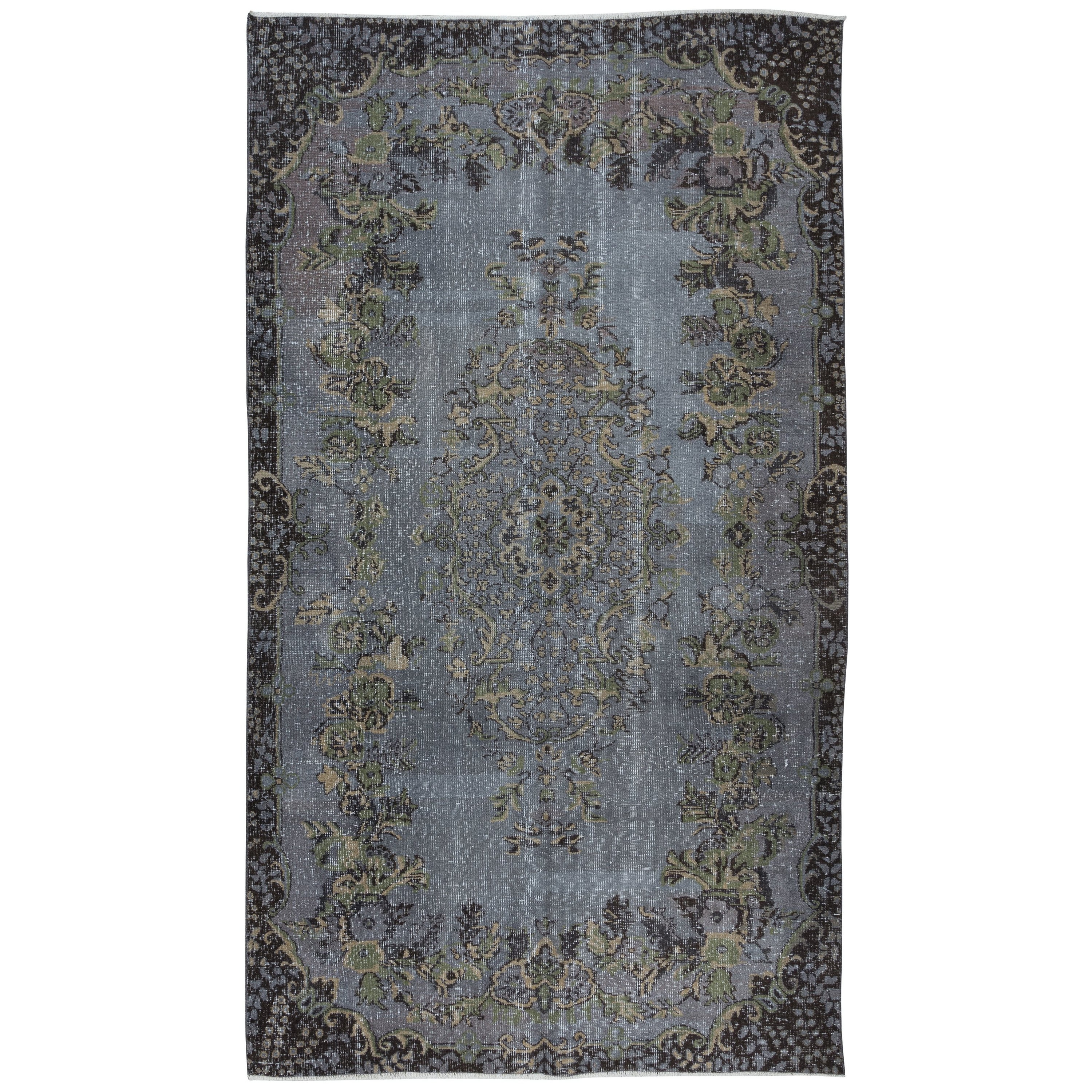 5.7x9.8 Ft Hand-Made Turkish Rug with Medallion in Iron Gray, Beige & Army Green For Sale