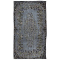 Vintage 5.7x9.8 Ft Hand-Made Turkish Rug with Medallion in Iron Gray, Beige & Army Green