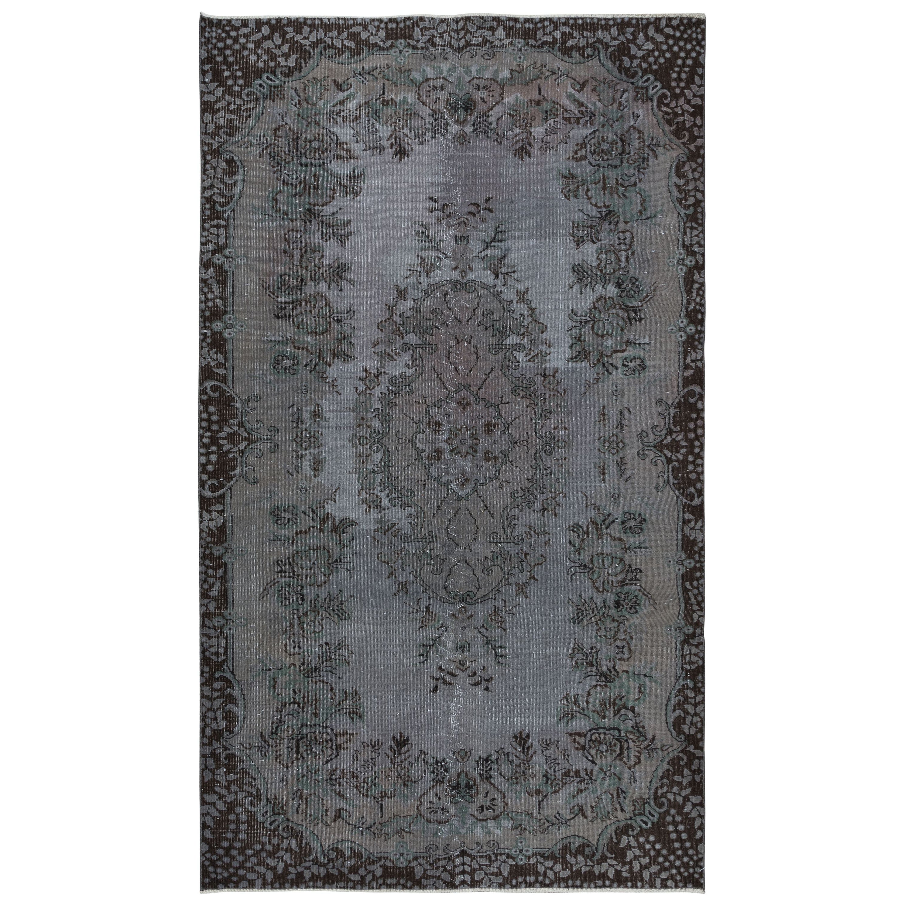 5.6x9 Ft Hand Knotted Rug with Floral Medallion, Gray Modern Turkish Carpet For Sale