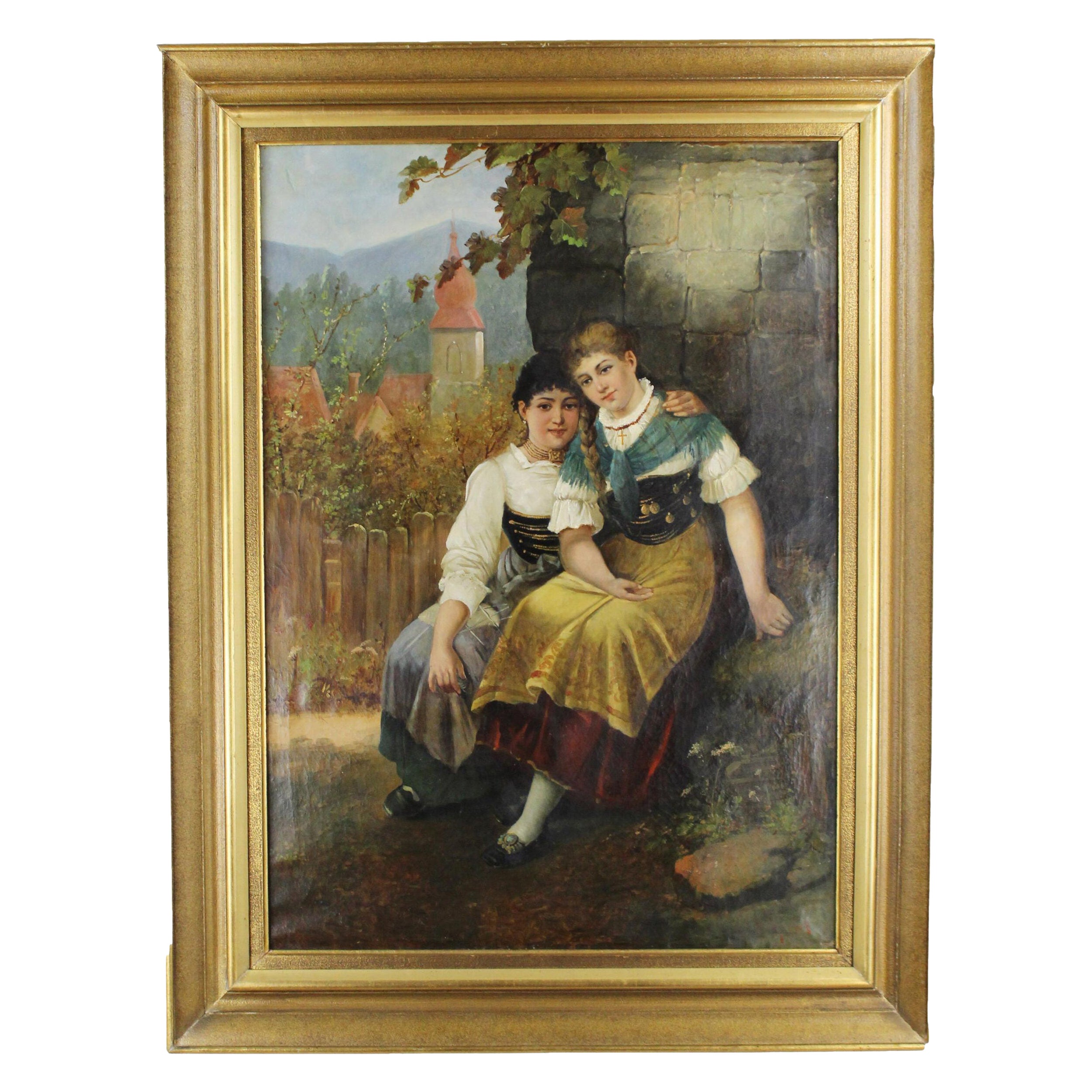 Genre-Szene „Zwei Mädchen vor einer idyllischen Dorfansicht“ Ende des 19. Jahrhunderts