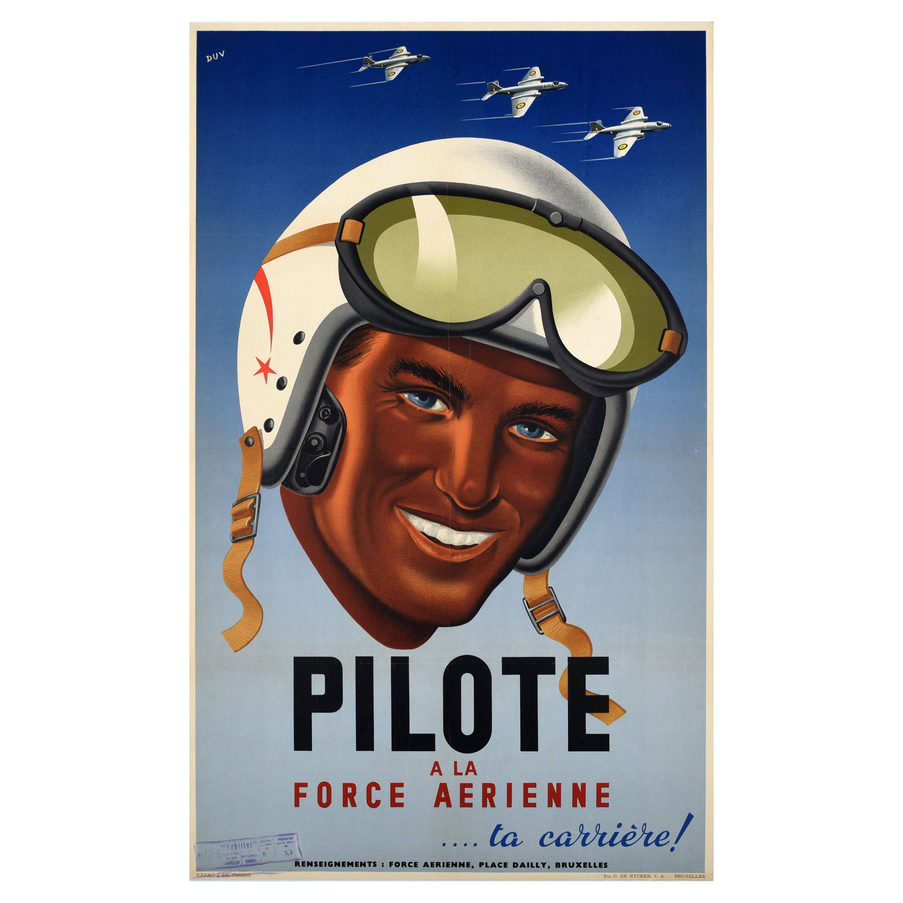 Original Vintage Recruitment Poster Air Force Pilot Belgium Force Aerienne Army For Sale