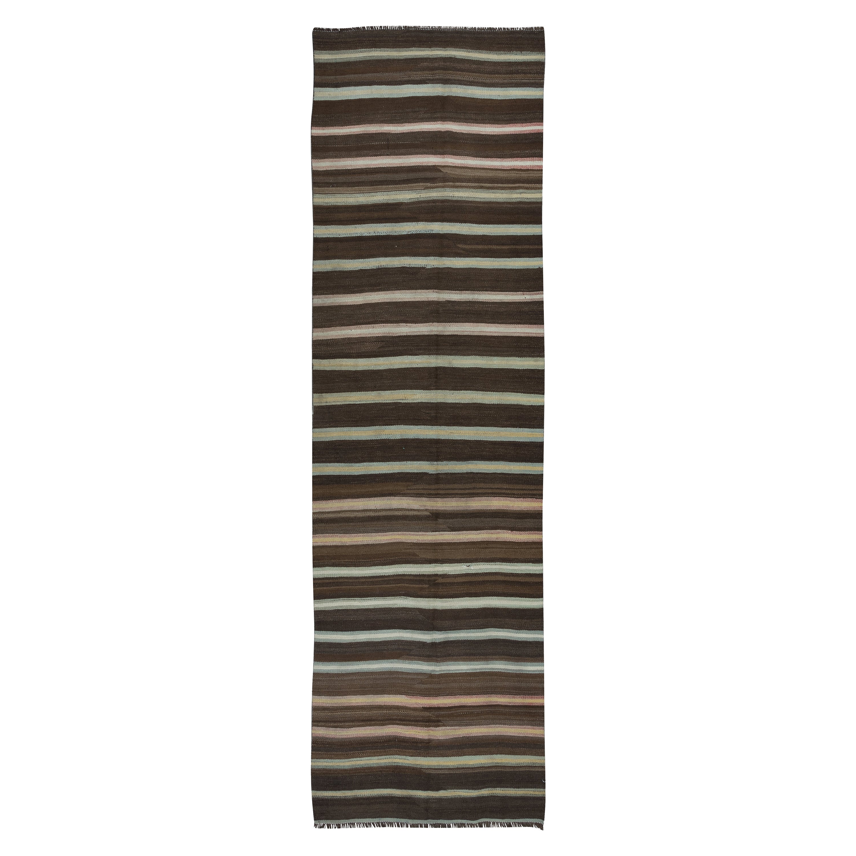 4x12.8 Ft Vintage Anatolian Hallway Runner Kilim in Brown with Colorful Stripes For Sale