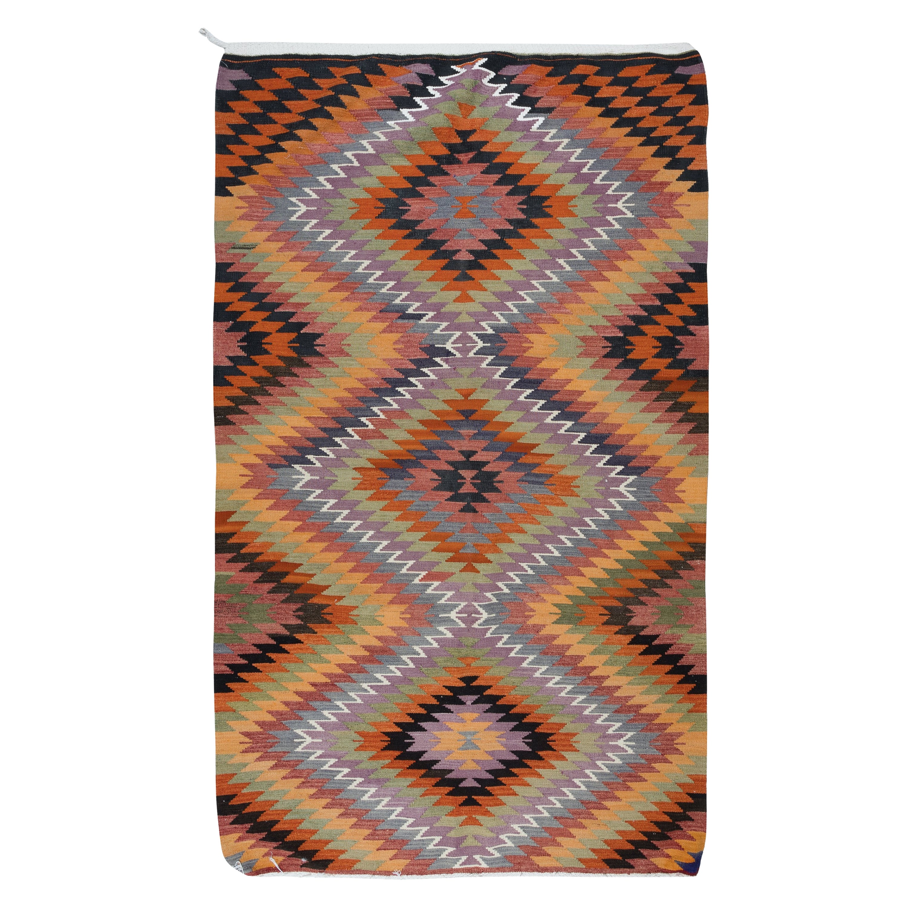5.6x9.4 Ft Colorful Flat-Weave Turkish Wool Kilim, Vintage Diamond Design Rug en vente