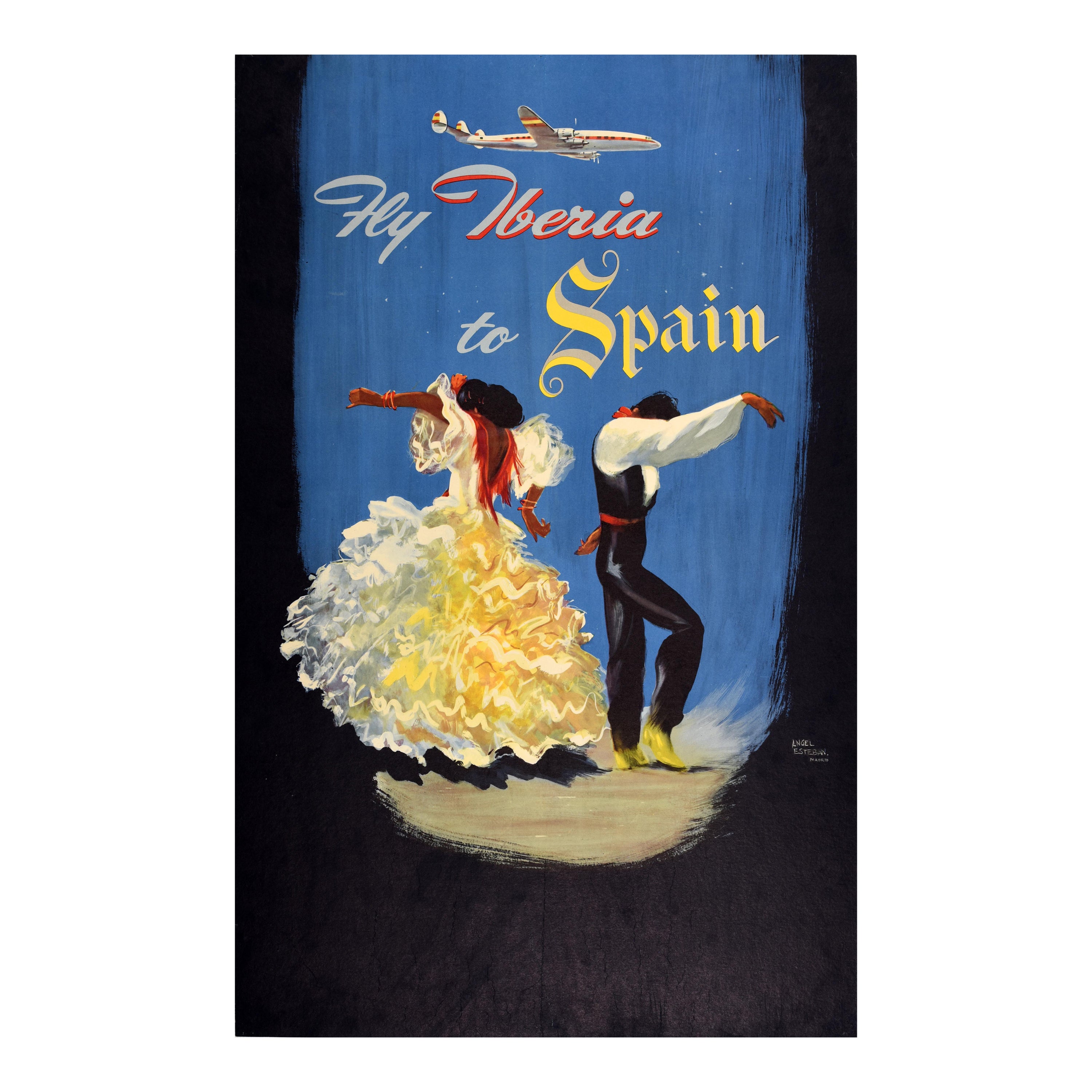 Original Vintage Travel Poster Iberia Airline Spain Flamenco Lockheed Espana For Sale