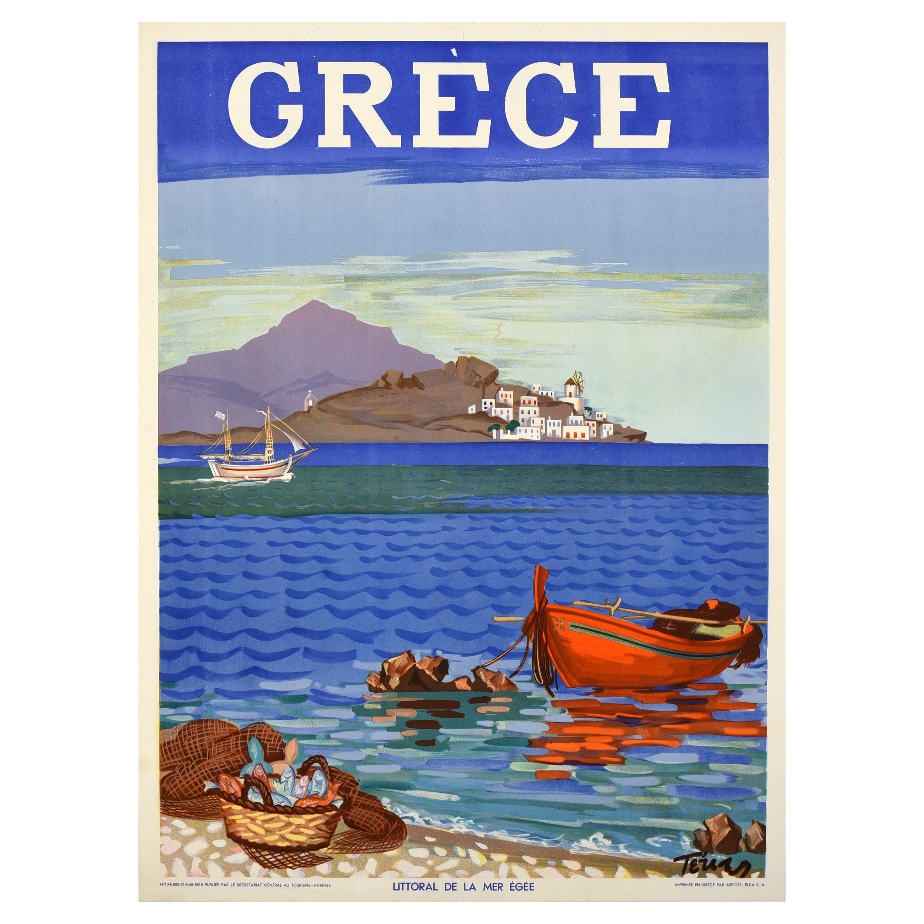 Original Vintage Travel Poster Greece Grece Aegean Coast Mediterranean Sea  For Sale