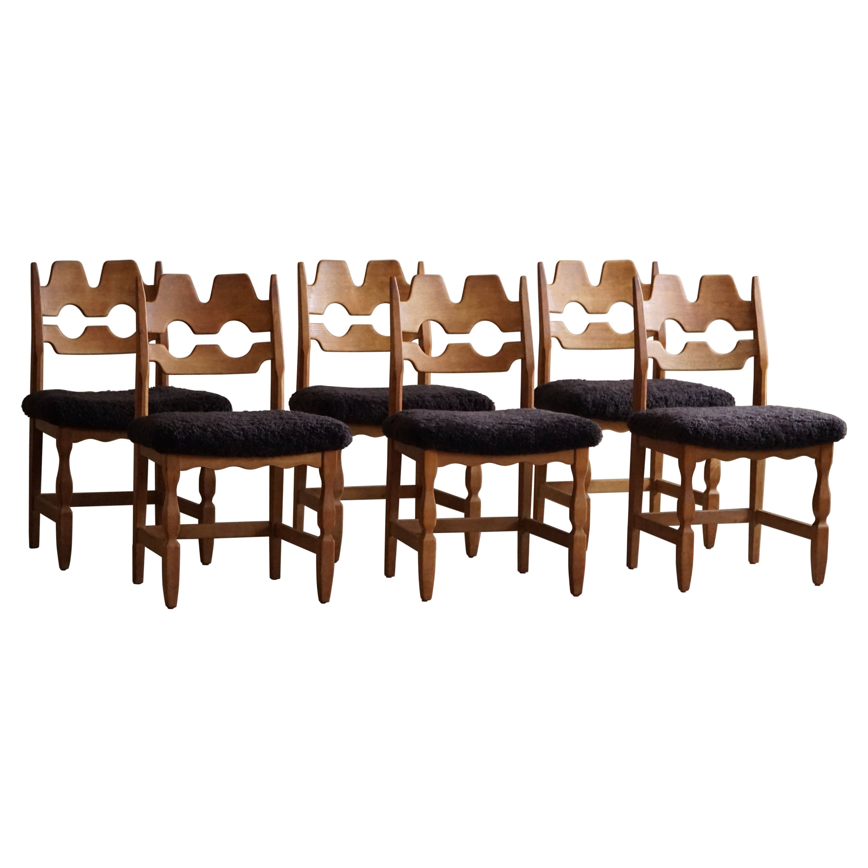 Set of 6 Henning Kjærnulf "Razorblade" Chairs in Oak & Lambswool, 1960s For Sale