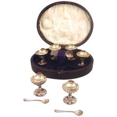 Cased Set of English Victorian Silverplated Salt Cellars and Spoons