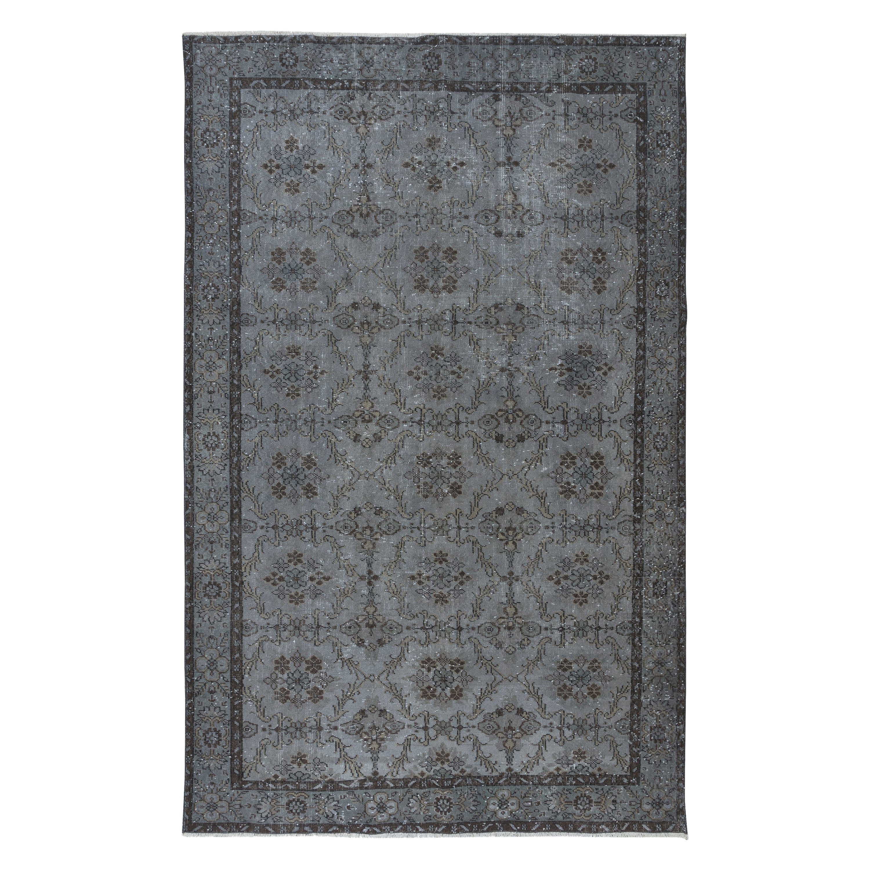 6.4x9.8 Ft Handmade Turkish Rug with Botanical Design and Gray Background For Sale