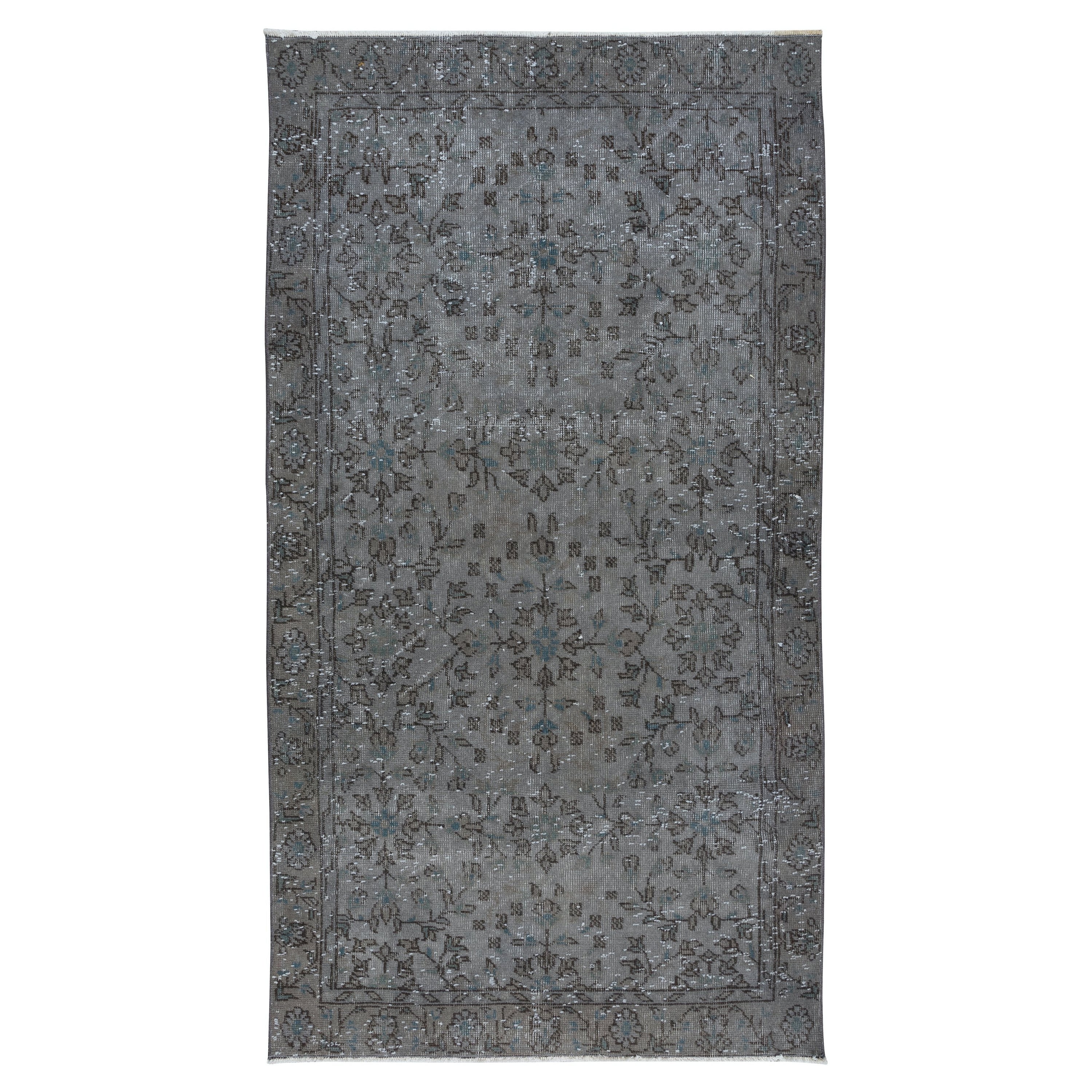 3.5x6.3 Ft Contemporary Turkish Handmade Rug with Teal Blue Details & Grey Field For Sale