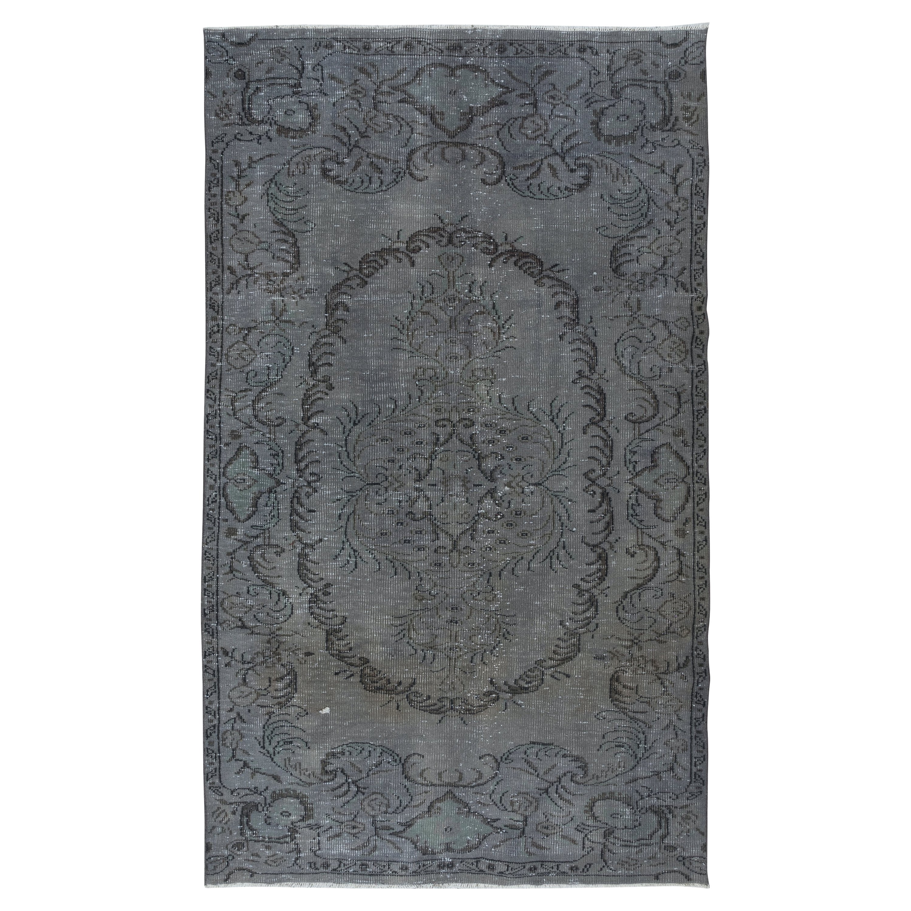 5.2x8.6 Ft Handmade Turkish Rug Over-Dyed in Gray, Vintage Upcycled Carpet For Sale
