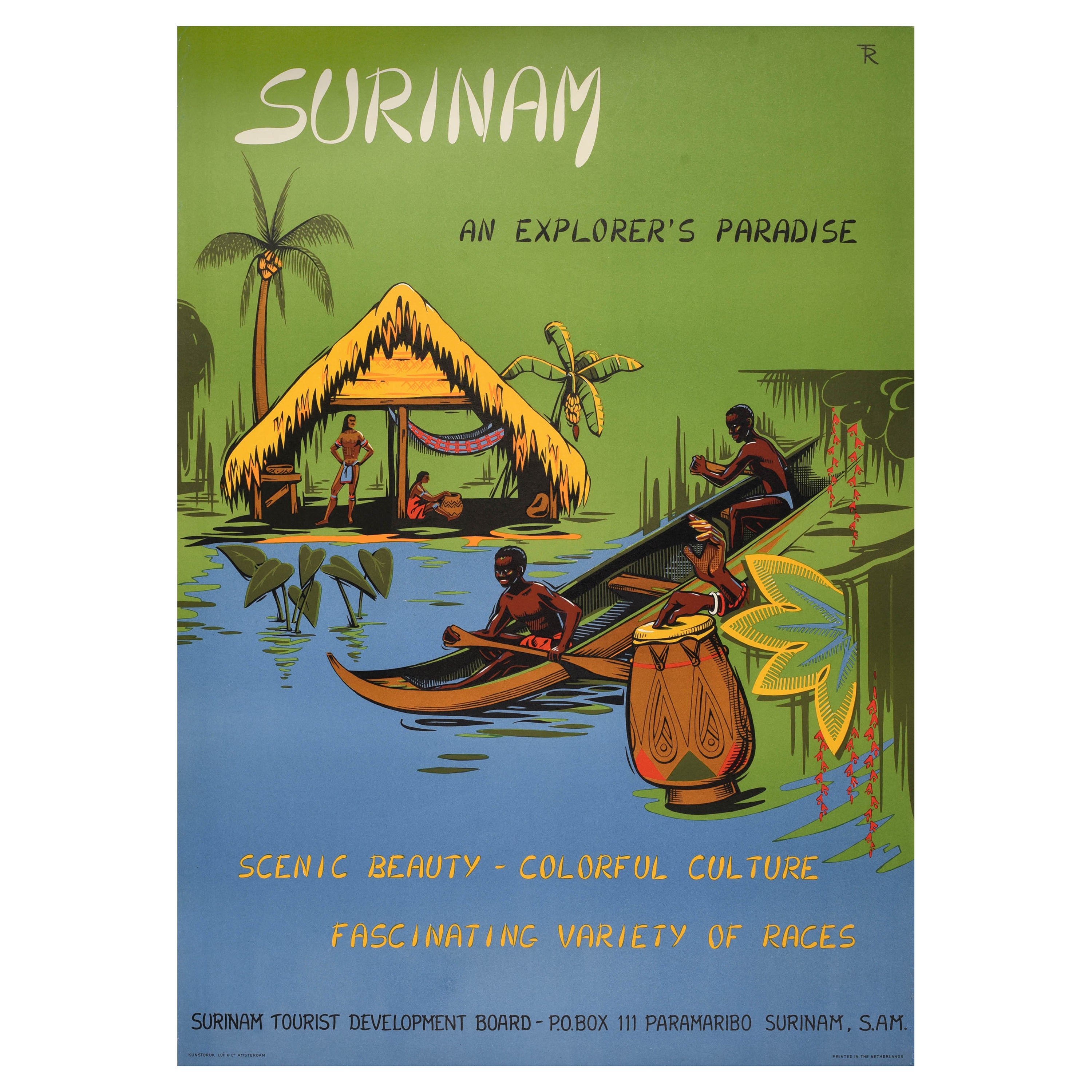 Original Vintage South America Travel Poster Surinam Suriname Explorers Paradise For Sale