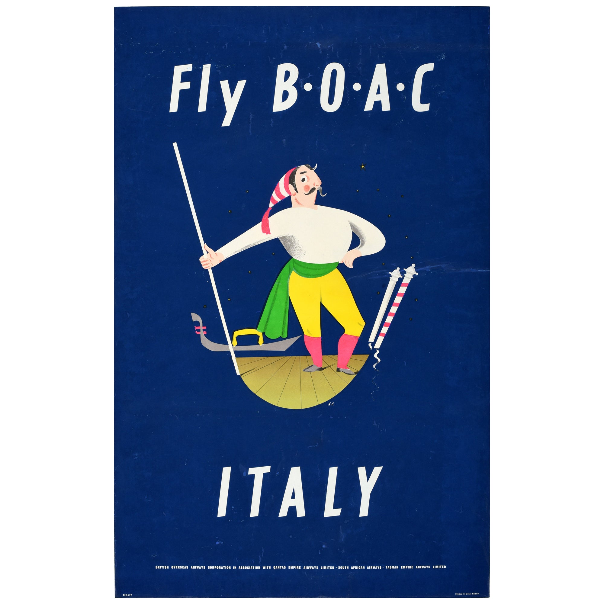Original Vintage Silkscreen Travel Poster Fly BOAC Airline Italy Aldo Cosomati For Sale