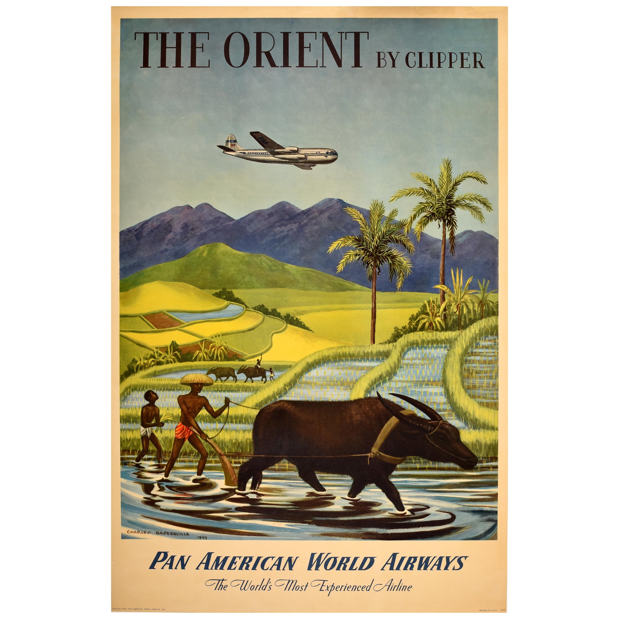 Affiche vintage originale de voyage Asie Pan Am The Orient par Clipper Rice Fields en vente