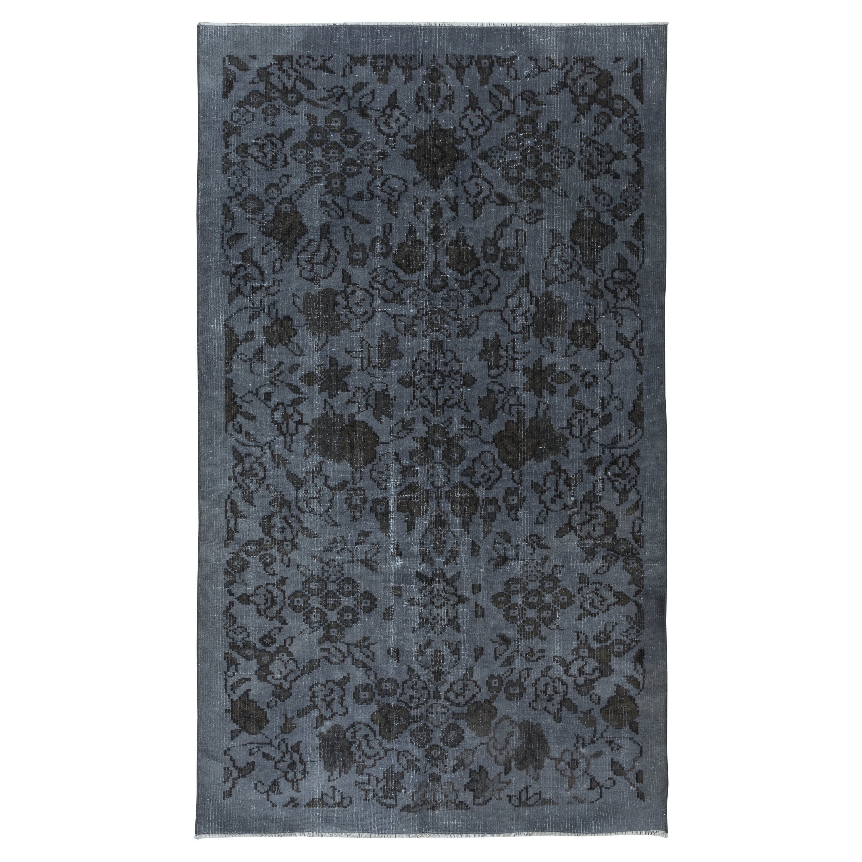 4.8x8 Ft Handmade Turkish Rug with Dark Gray Background and Brown Floral Pattern For Sale