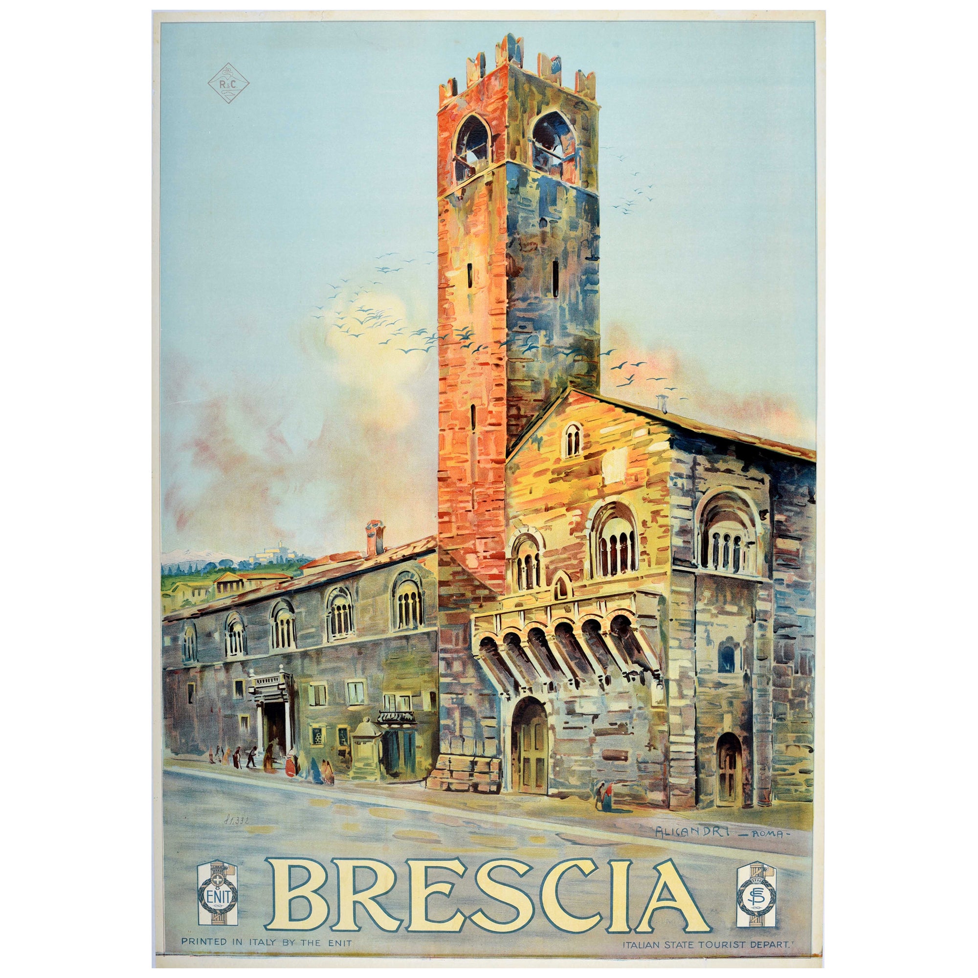 Affiche de voyage d'origine Brescia ENIT Palazzo Broletto Lombardy Italie