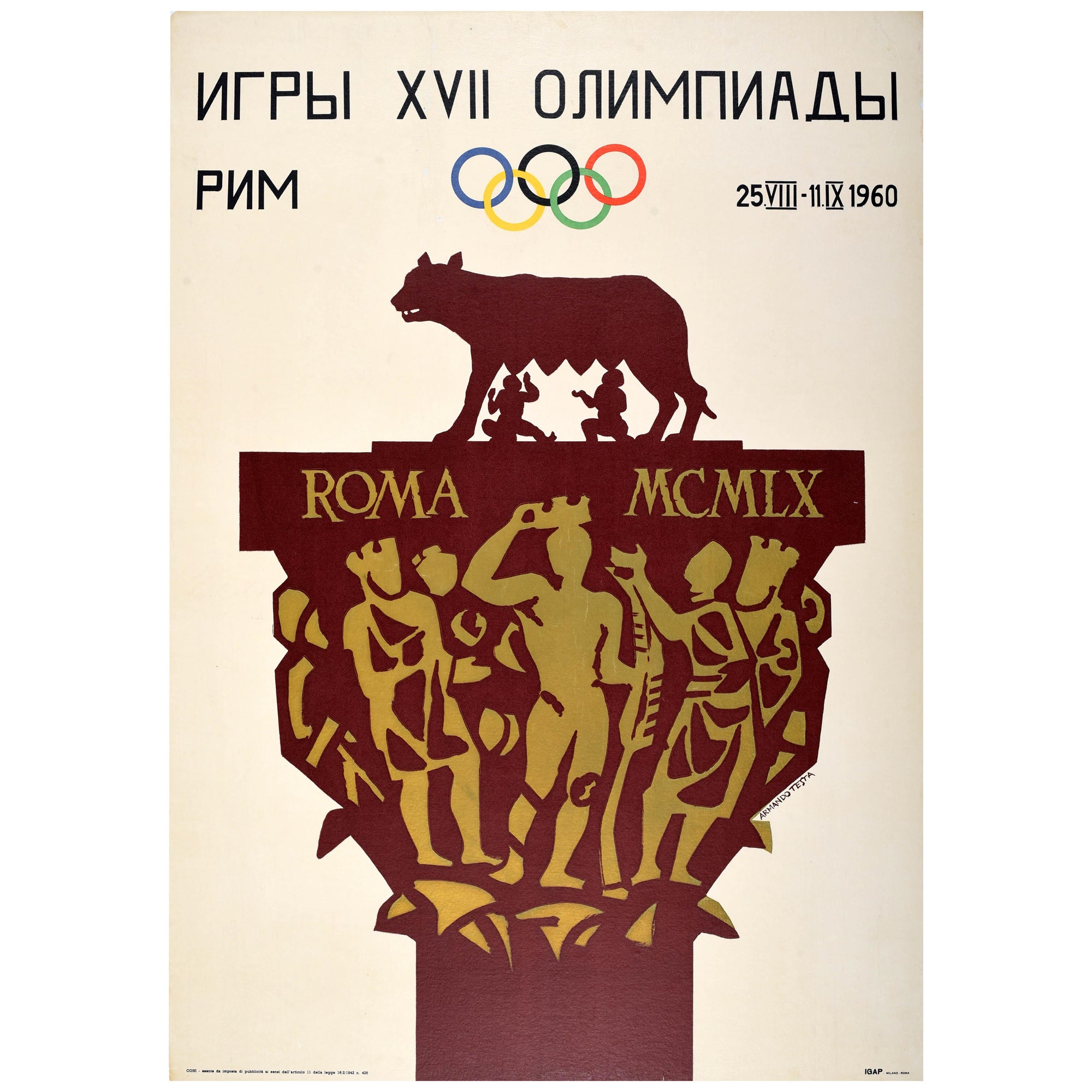 Sehr seltenes Original-Vintage-Sportplakat Rom Olympische Spiele Italien Testa Russisch
