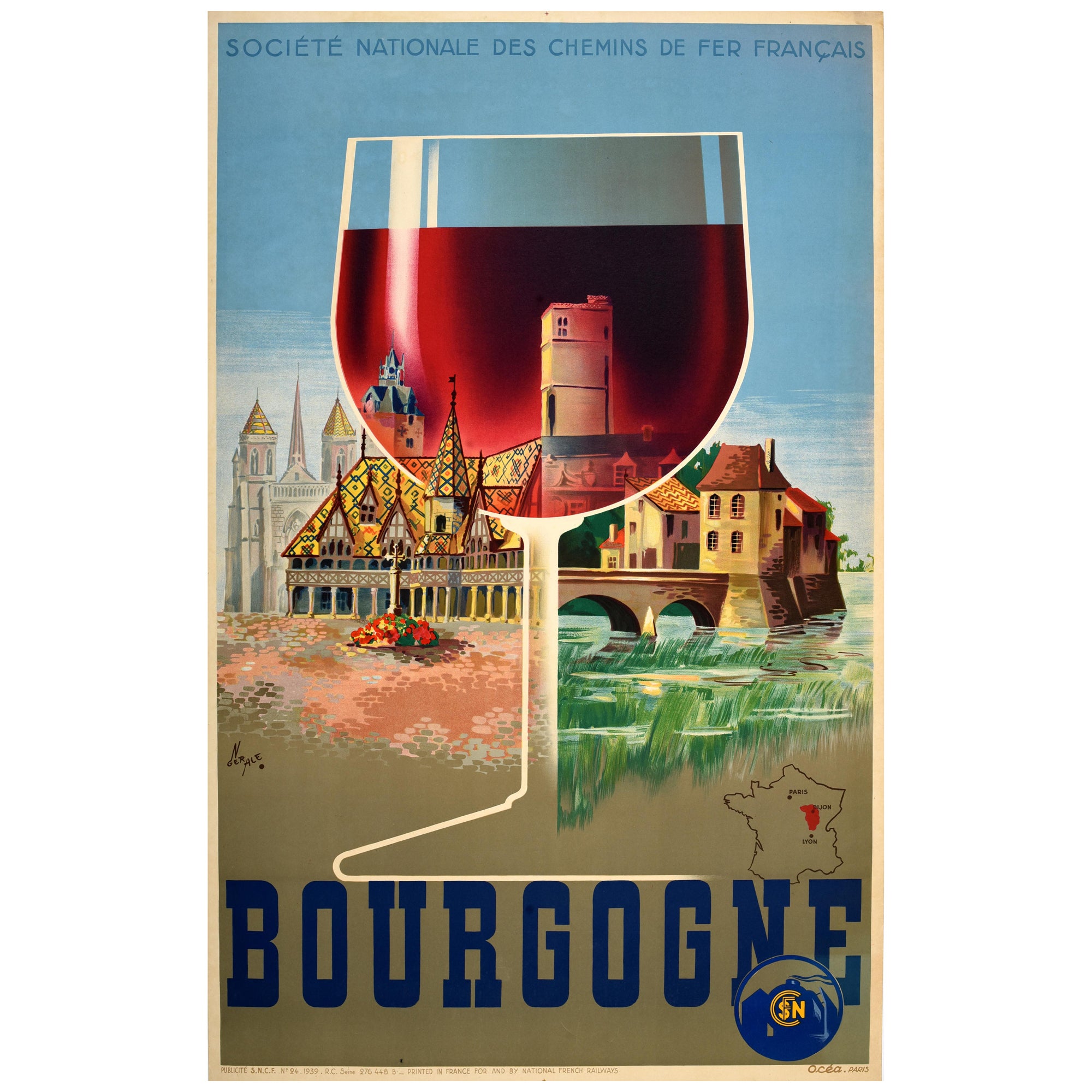 Affiche vintage originale de voyage en Bourgogne, Vin, SNCF Railway France en vente