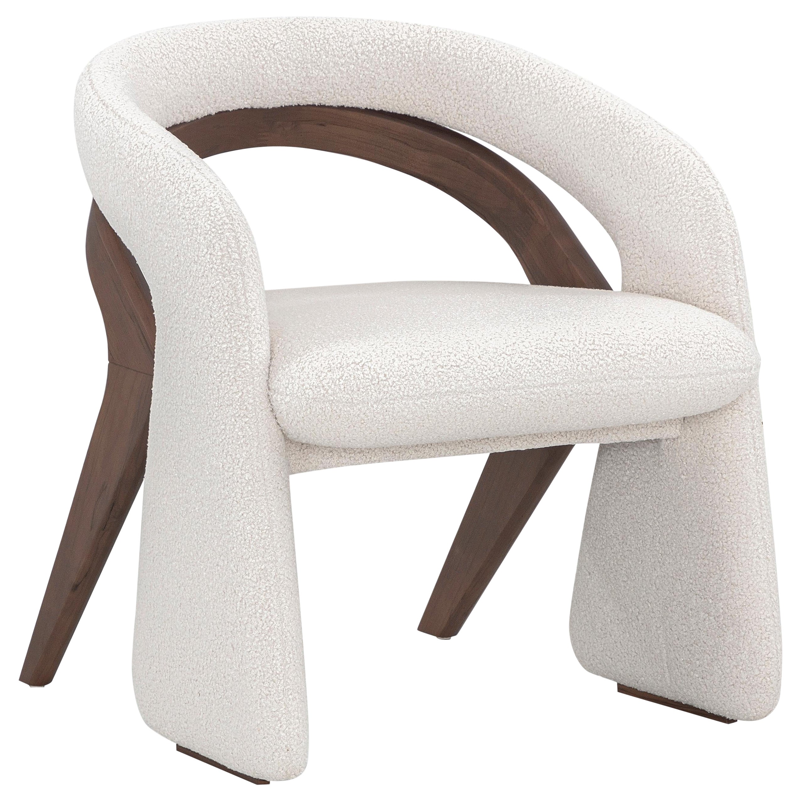 Olga Contemporary Dining Chair in Walnut Wood Finish and White Boucle Fabric For Sale