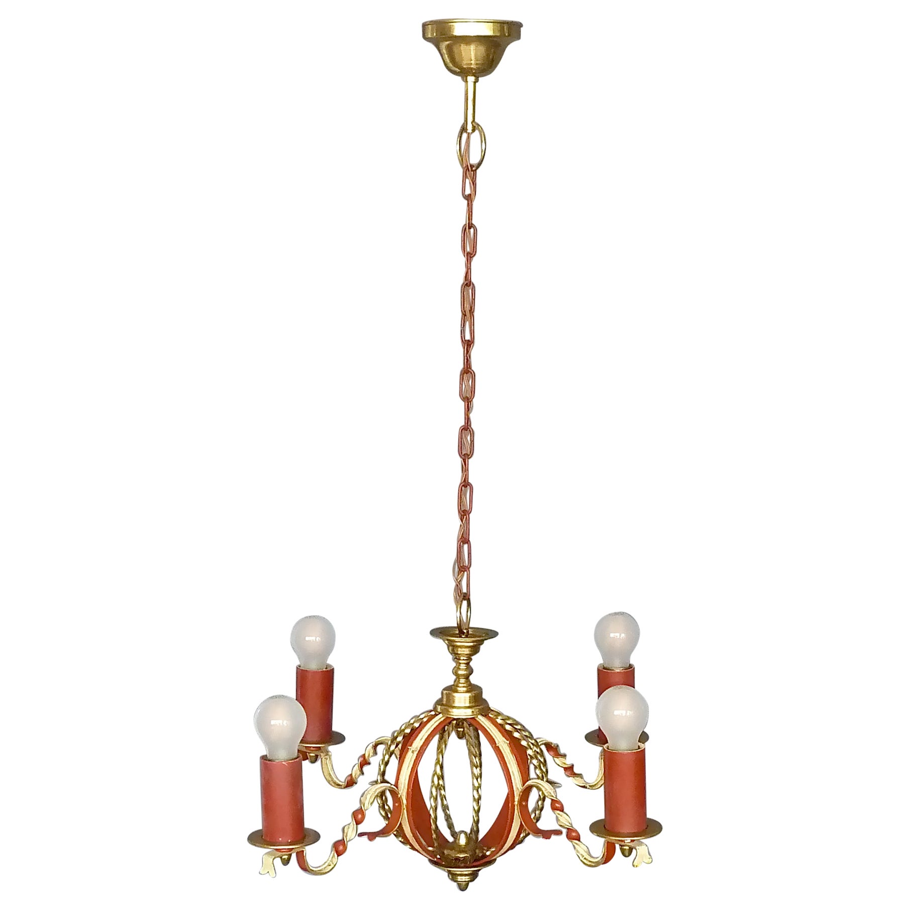 Large French Poillerat Style Globe Chandelier Wrought Iron Brass 1950s no.1 of 2 For Sale