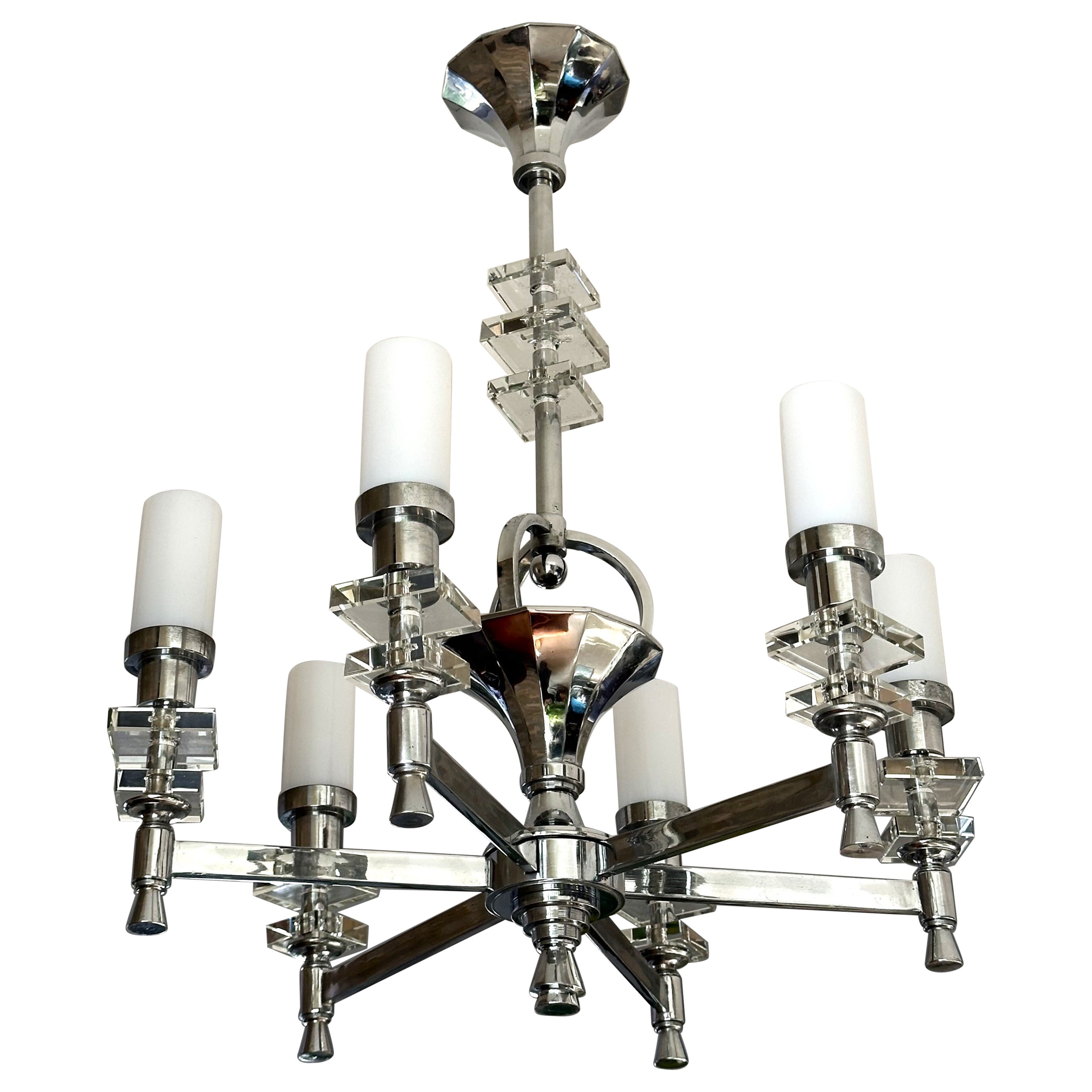 Art Deco Modernist Chandelier sytle Adnet Chrome and Glass, France 1938 For Sale