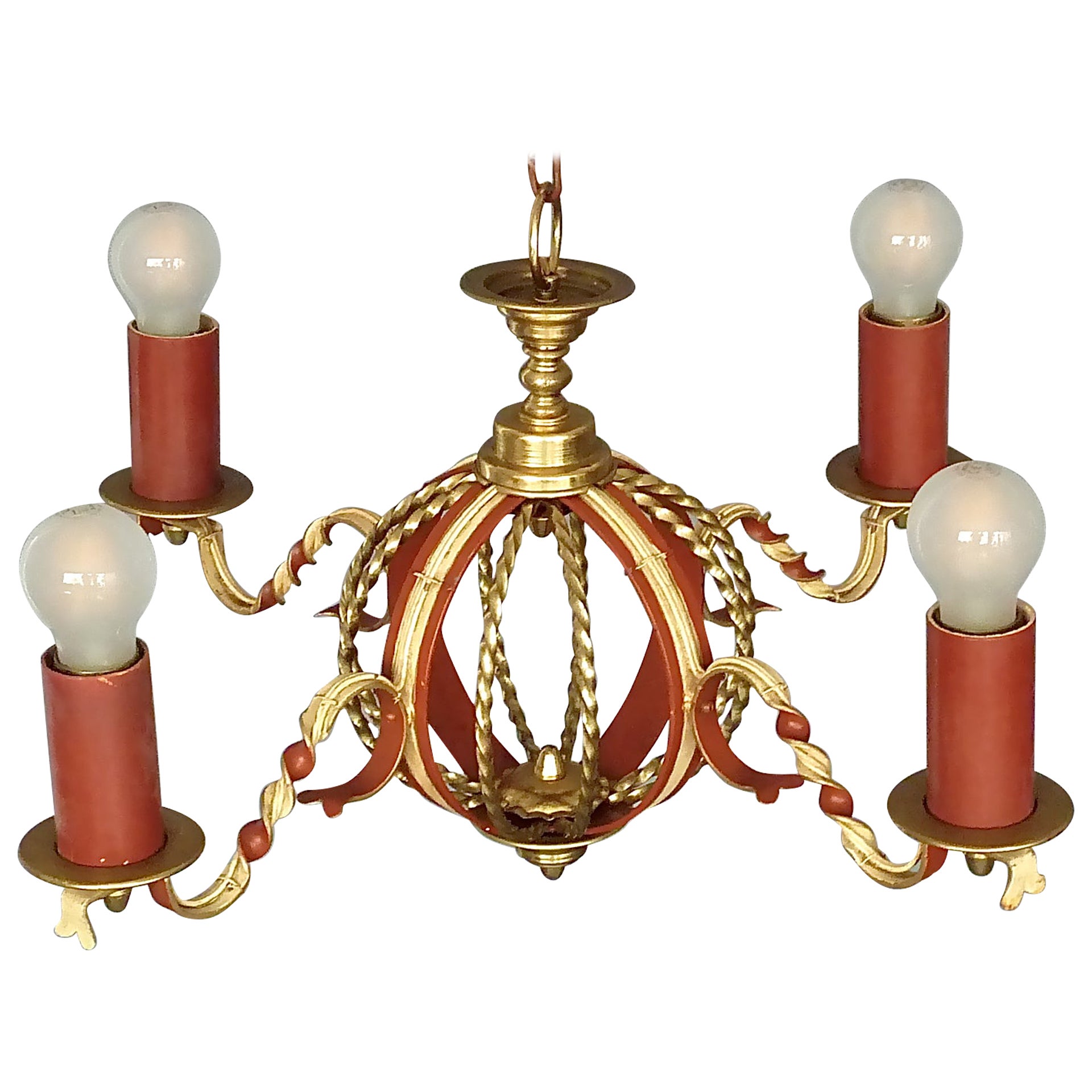 Large French Poillerat Style Globe Chandelier Wrought Iron Brass 1950s no.2 of 2 For Sale
