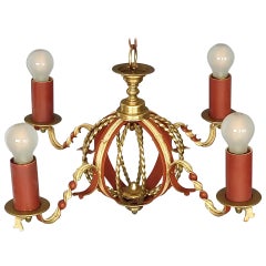 Large French Poillerat Style Globe Chandelier Wrought Iron Brass 1950s no.2 of 2